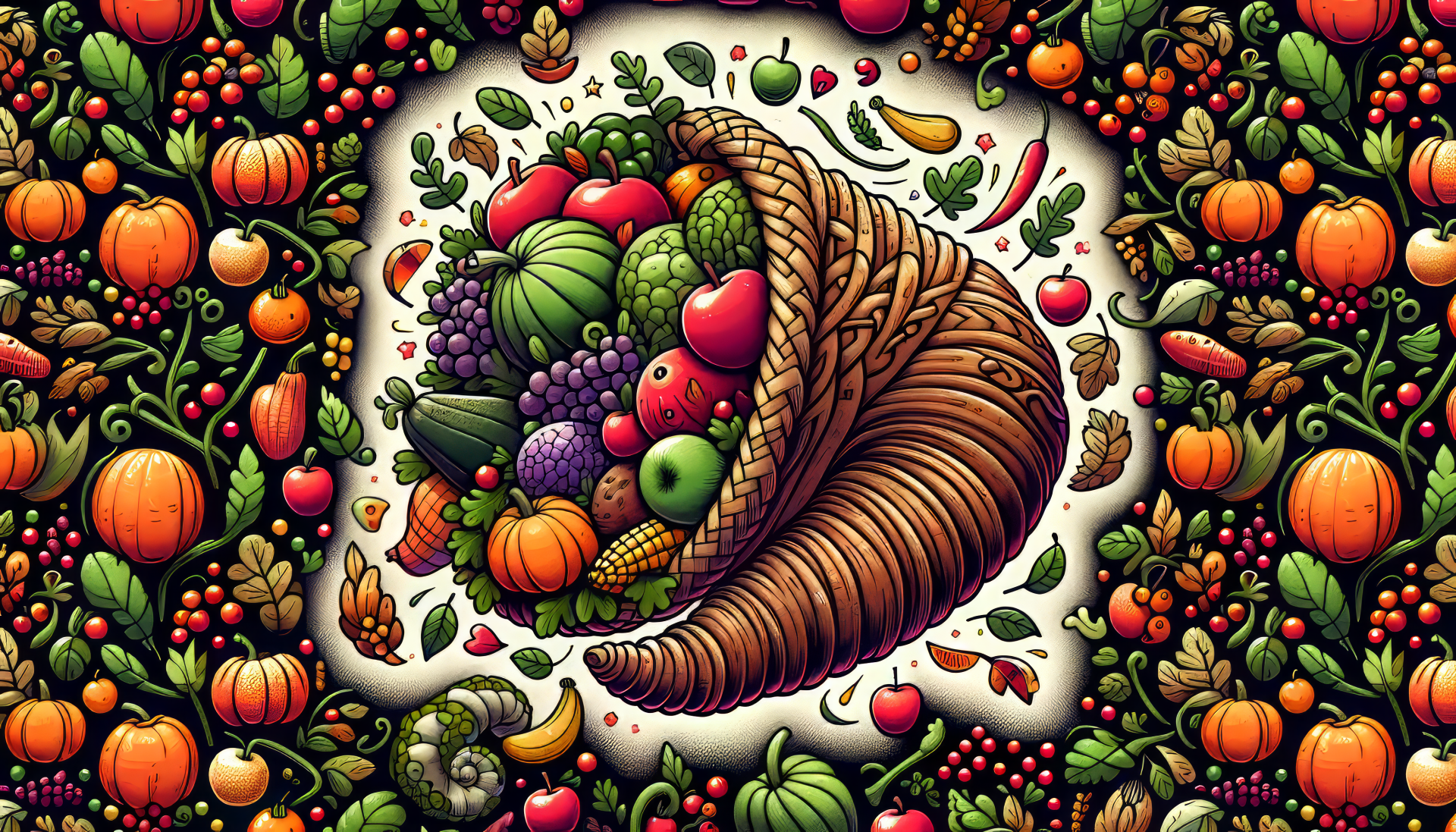 A vibrant cornucopia overflowing with fruits and vegetables, surrounded by a colorful pattern of pumpkins and foliage, creating an eye-catching HD desktop wallpaper.