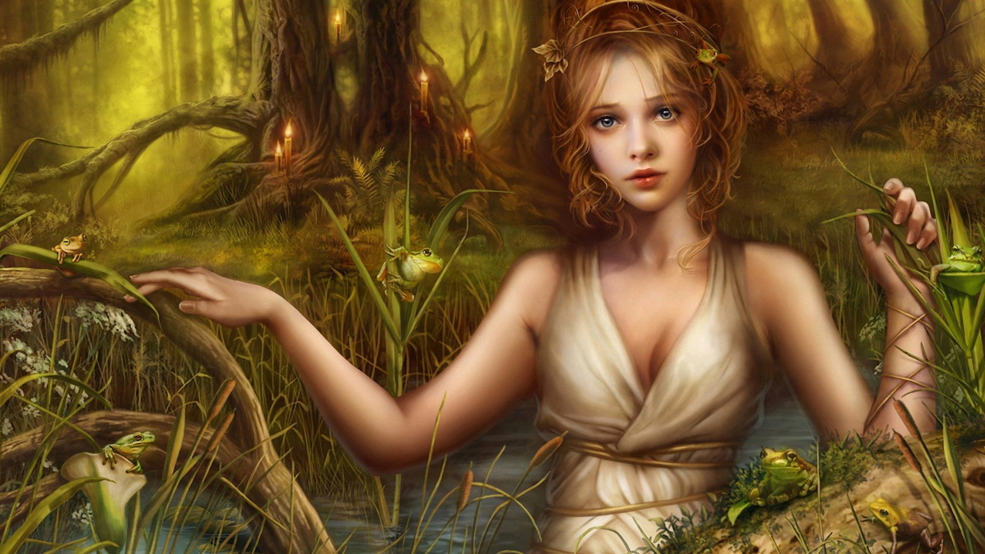 Fantasy HD wallpaper of a woman with flowing hair in a mystical forest, dressed in a white gown, blending seamlessly with the serene, magical background.