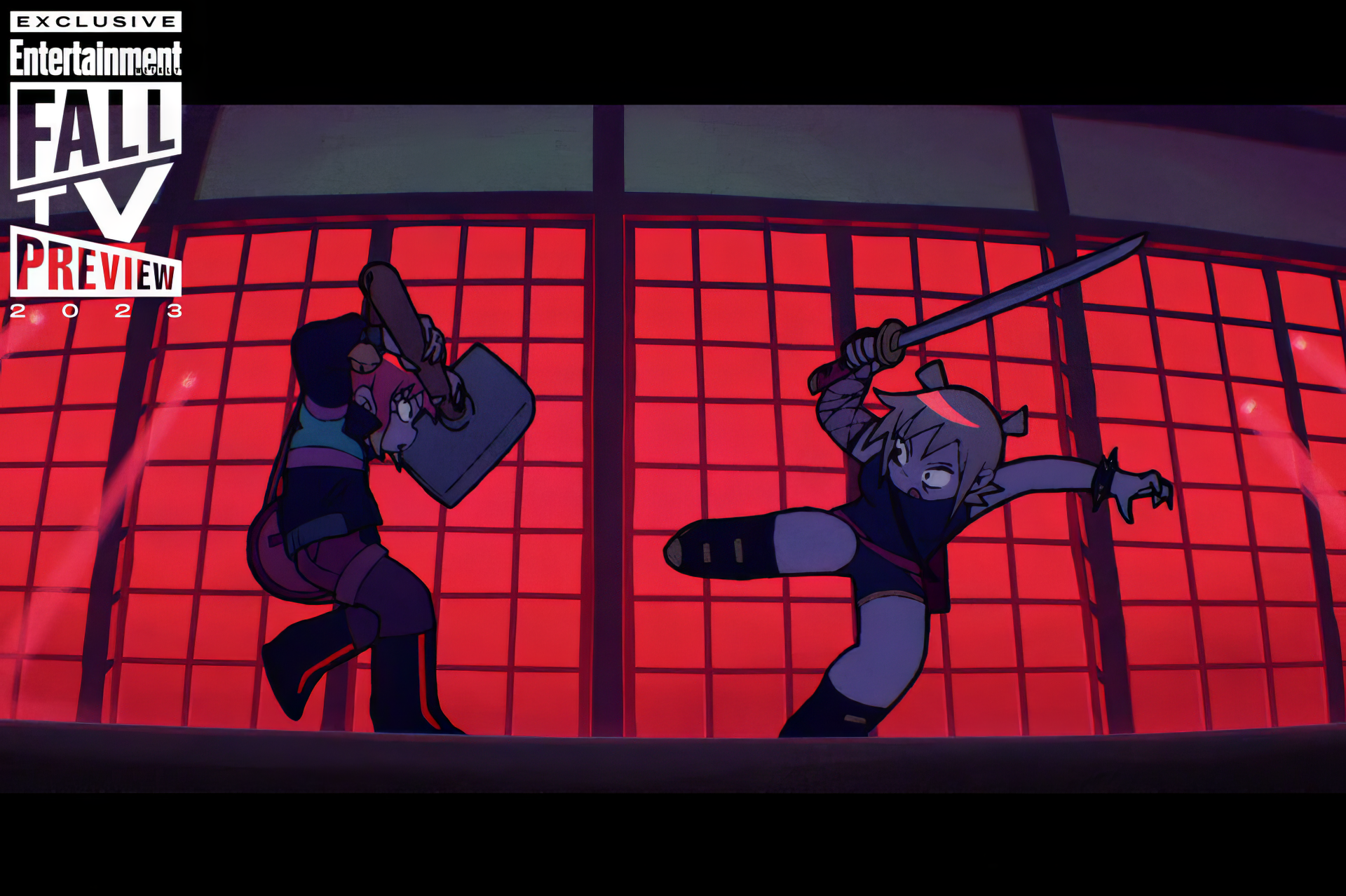 Scott Pilgrim Takes Off HD wallpaper featuring animated characters in a duel with a red backdrop for desktop background.