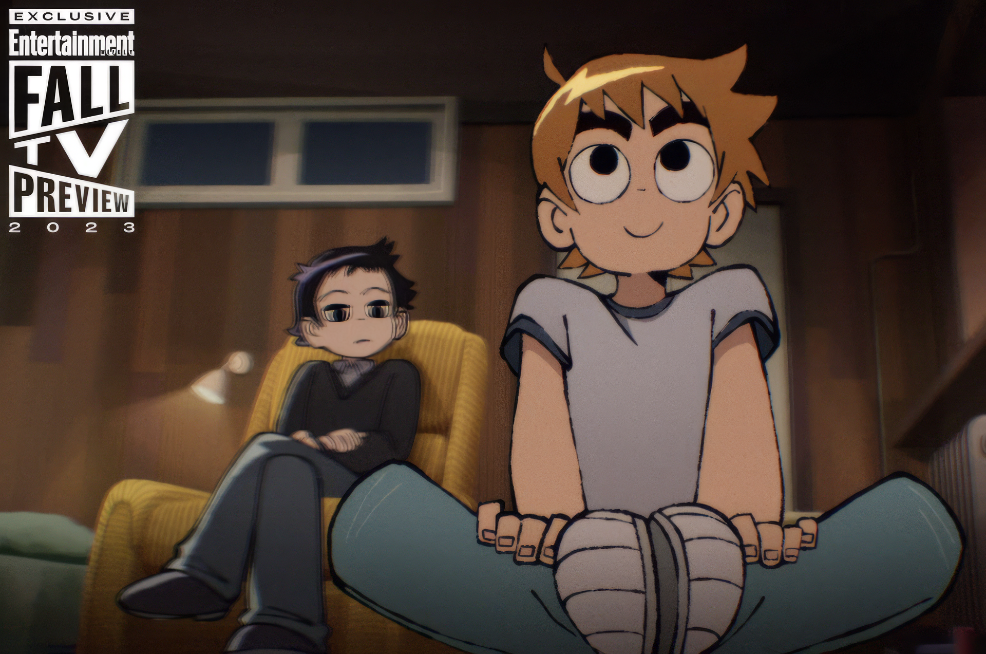HD wallpaper featuring characters from Scott Pilgrim, with one sitting on the floor and the other on a couch, tagged with Scott Pilgrim Takes Off for the 2022 Fall TV Preview.