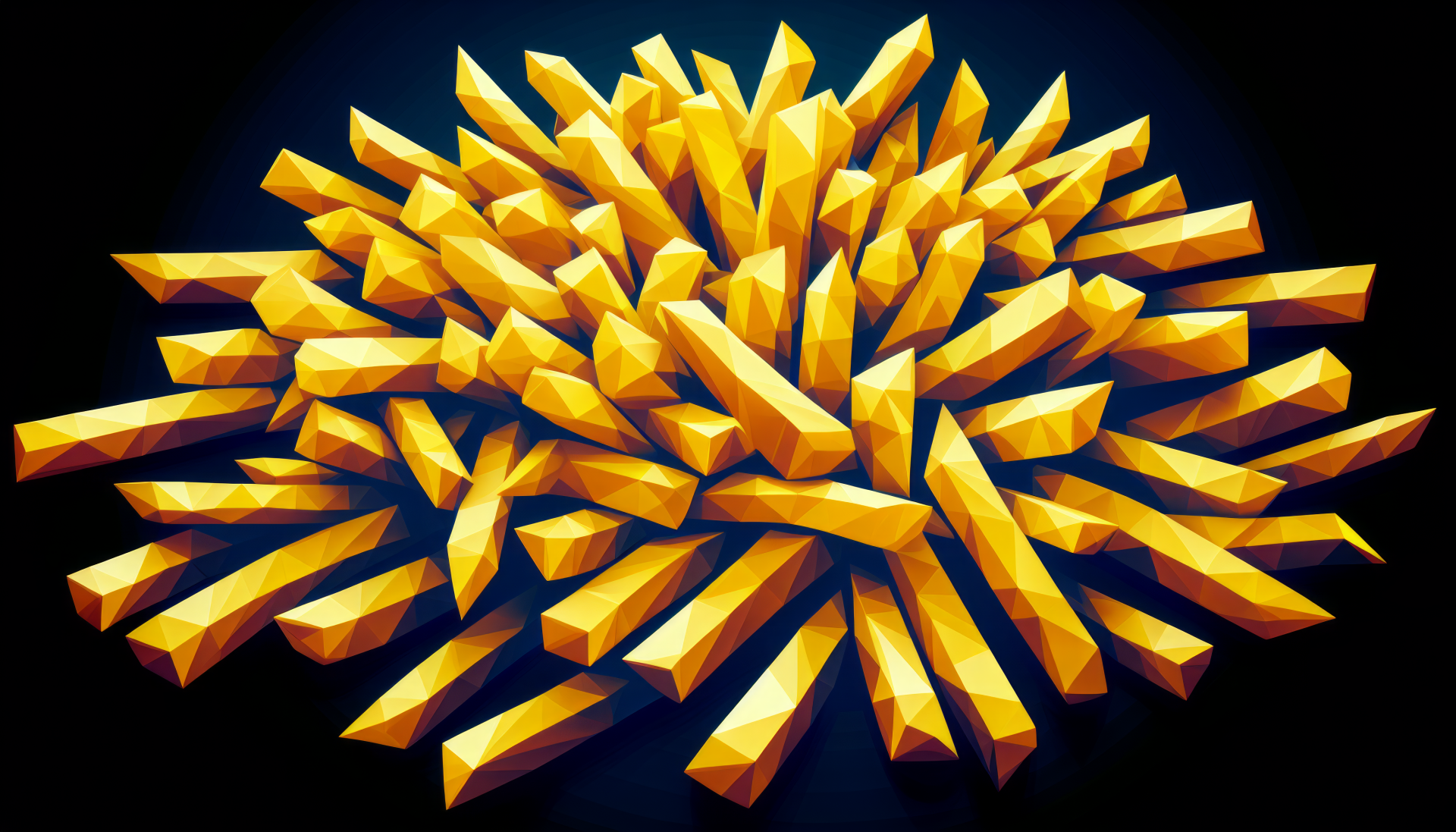 HD wallpaper of stylized digital art featuring a burst of golden french fries on a dark background.