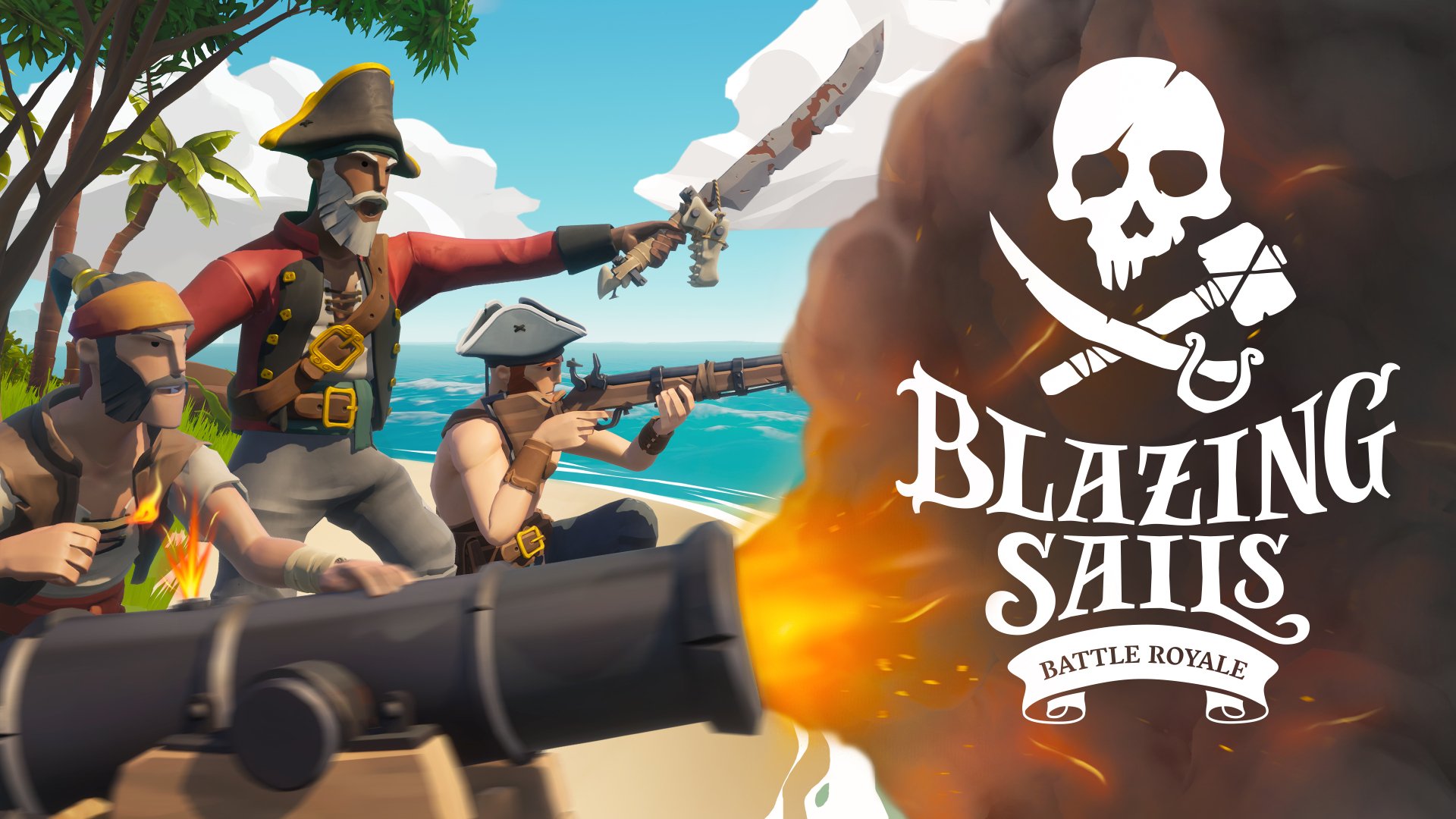 HD desktop wallpaper for Blazing Sails featuring animated pirates in combat with guns and swords, under a logo with a skull, set against a tropical island backdrop.