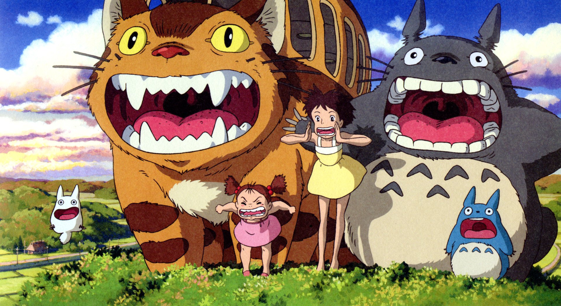 HD desktop wallpaper featuring characters from My Neighbor Totoro by Studio Ghibli, with Totoro, Mei, Satsuki, and Catbus on a vibrant background.