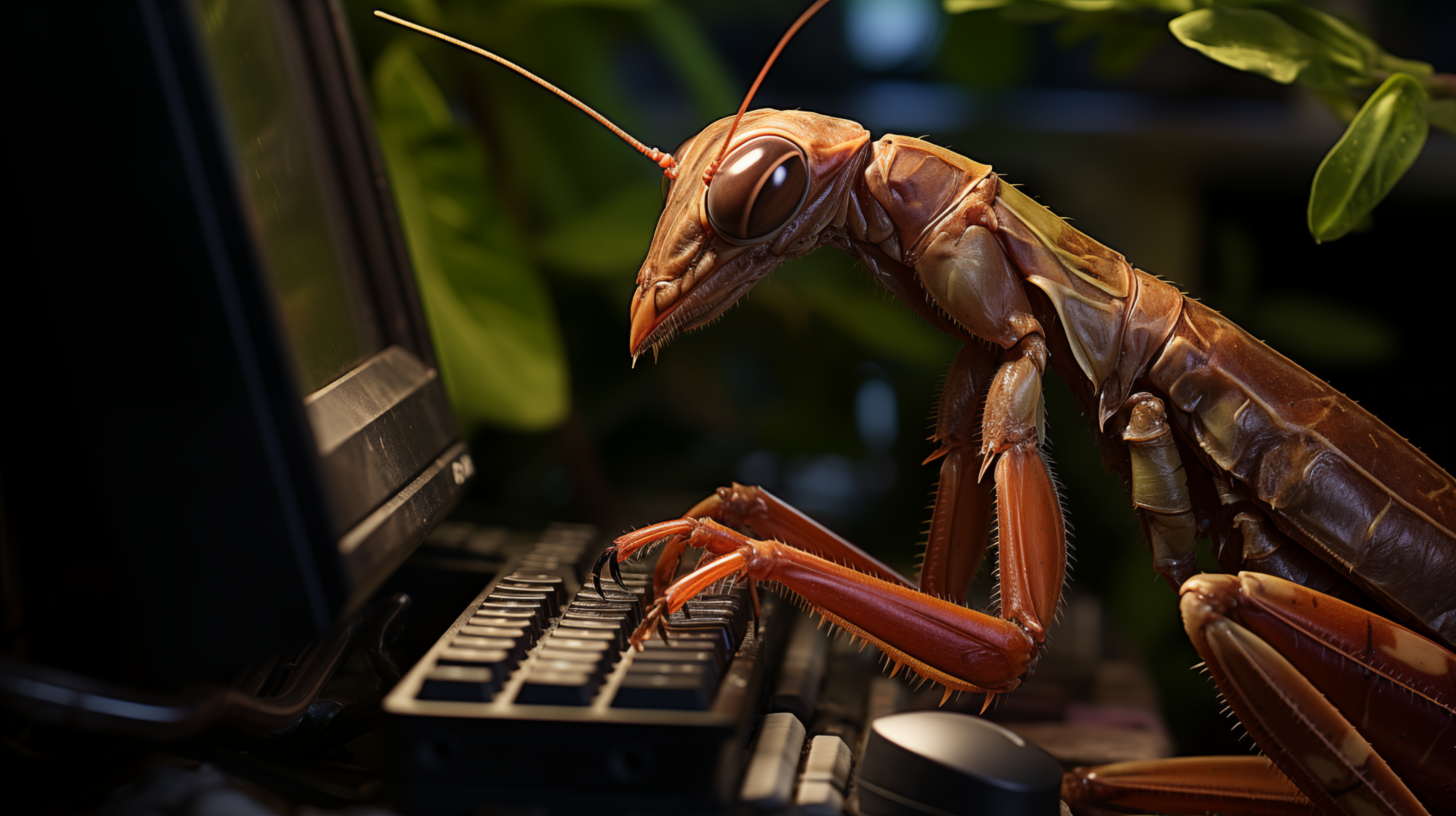 HD desktop wallpaper featuring a humorous image of a praying mantis appearing to use a computer keyboard.