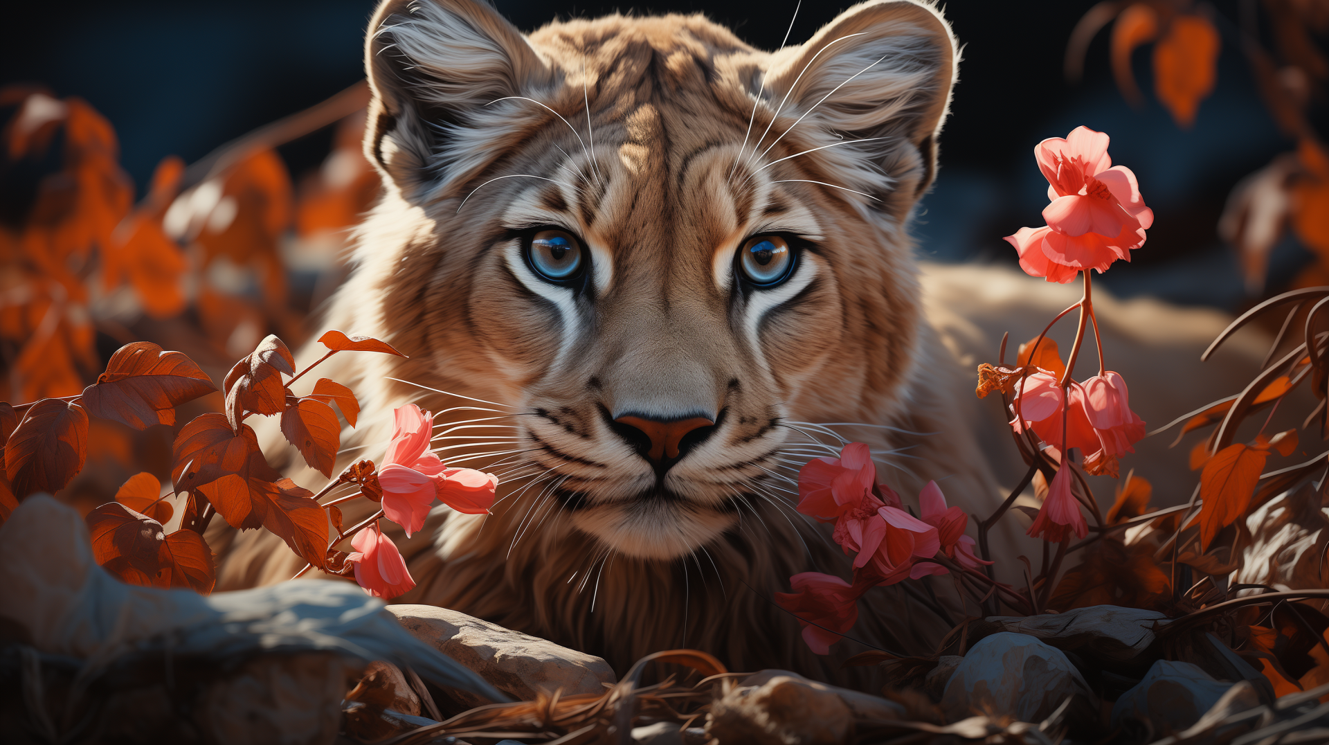 A close-up of a cougar nestled among vibrant flowers and foliage, showcasing its striking blue eyes. This captivating animal image serves as a stunning HD desktop wallpaper.