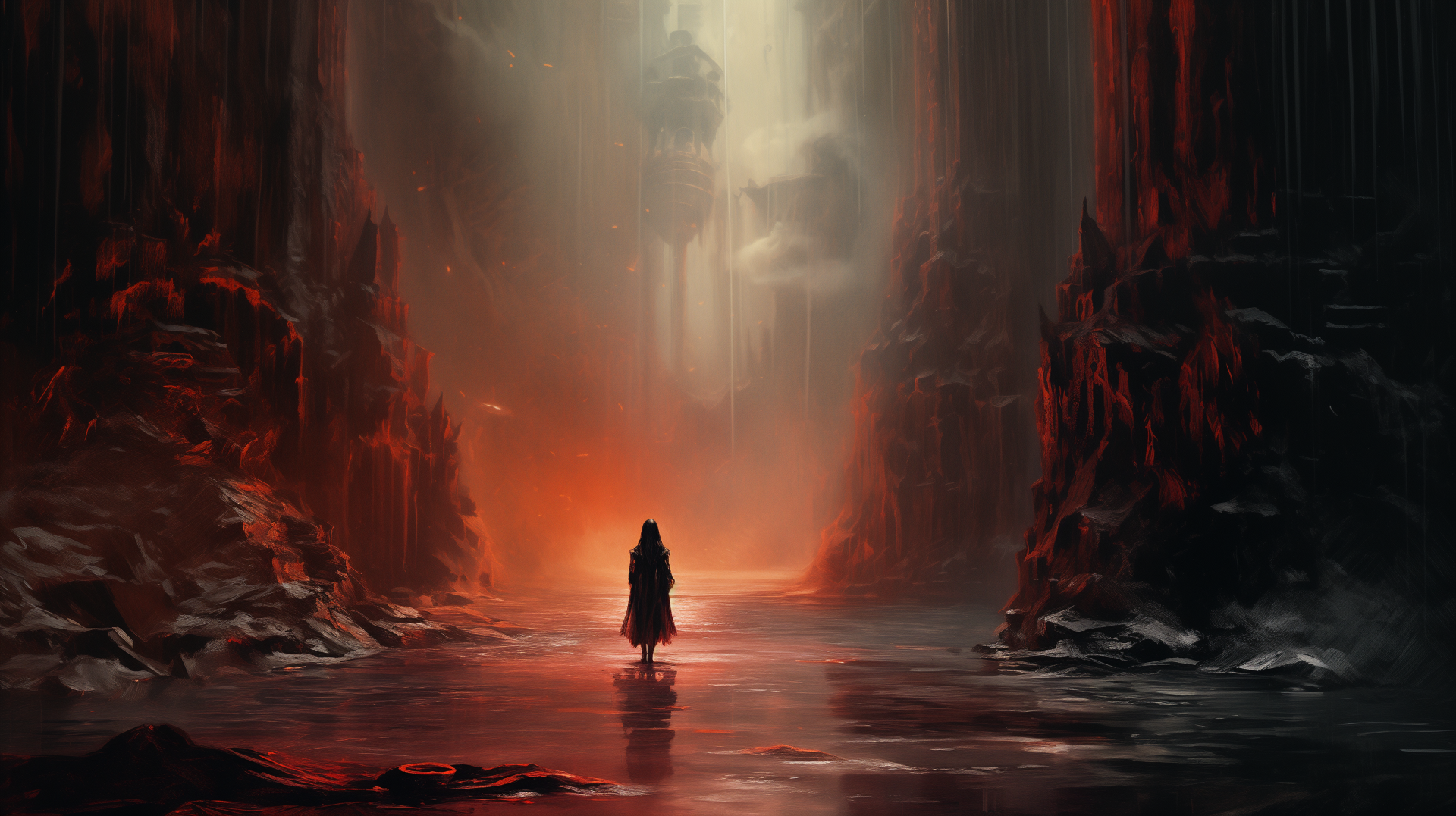 HD desktop wallpaper of a mysterious figure standing in a cave with ruins and red lighting.