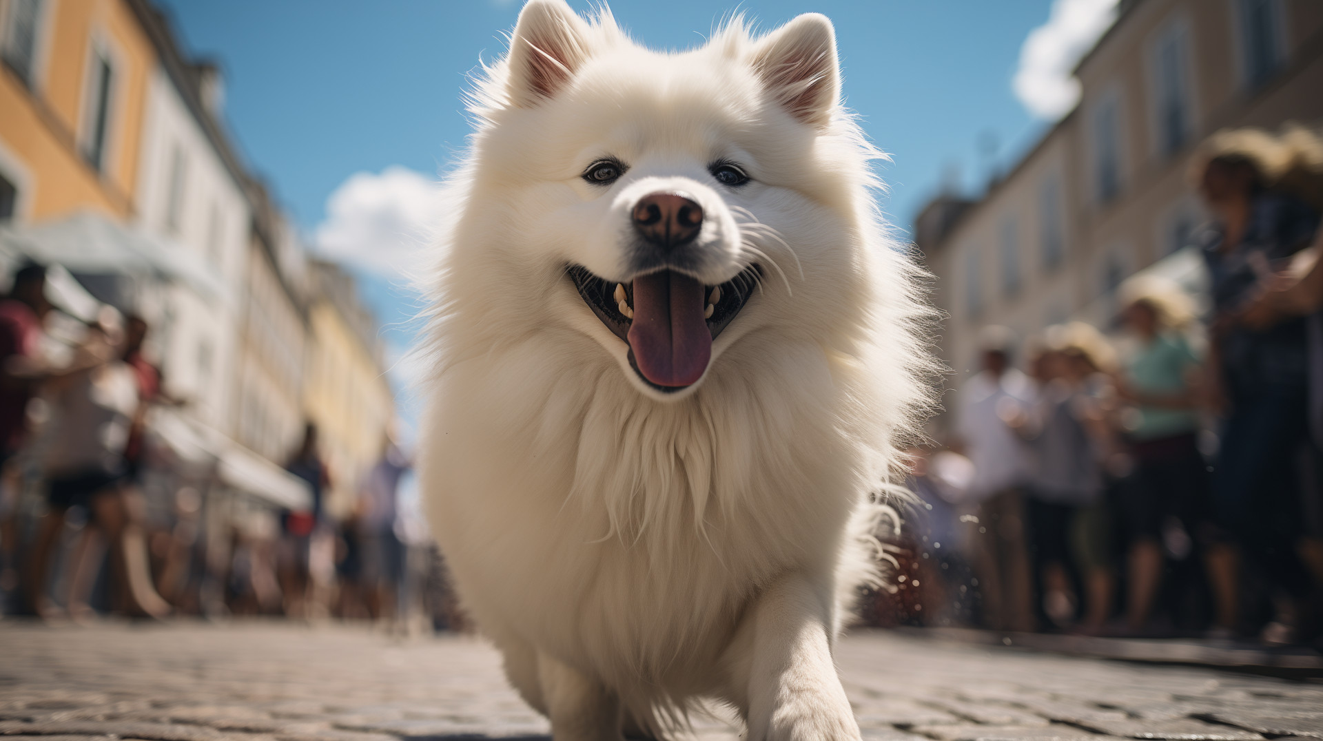 A happy Samoyed dog trots happily down a bustling street, showcasing its fluffy white coat and playful demeanor against a vibrant urban backdrop. HD desktop wallpaper.
