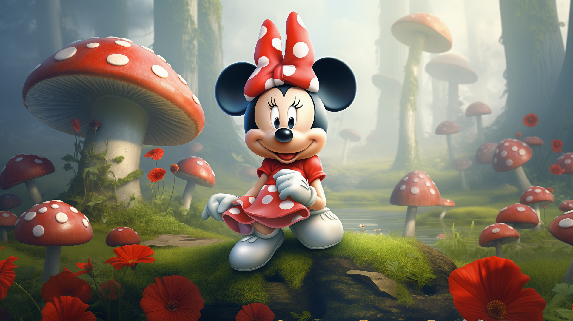 HD Disney desktop wallpaper featuring Minnie Mouse sitting among red mushrooms and poppies in a magical forest setting.