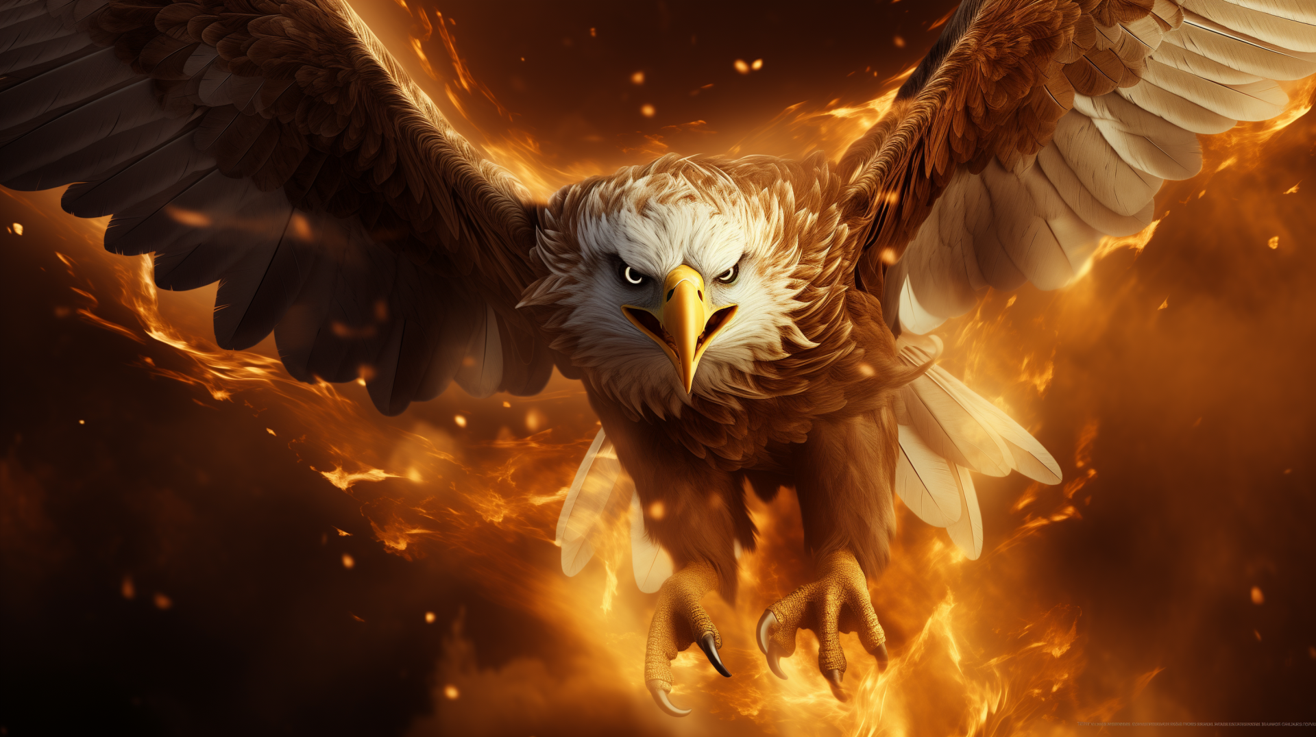 Majestic hawk soaring with outstretched wings against a fiery background, HD wallpaper.
