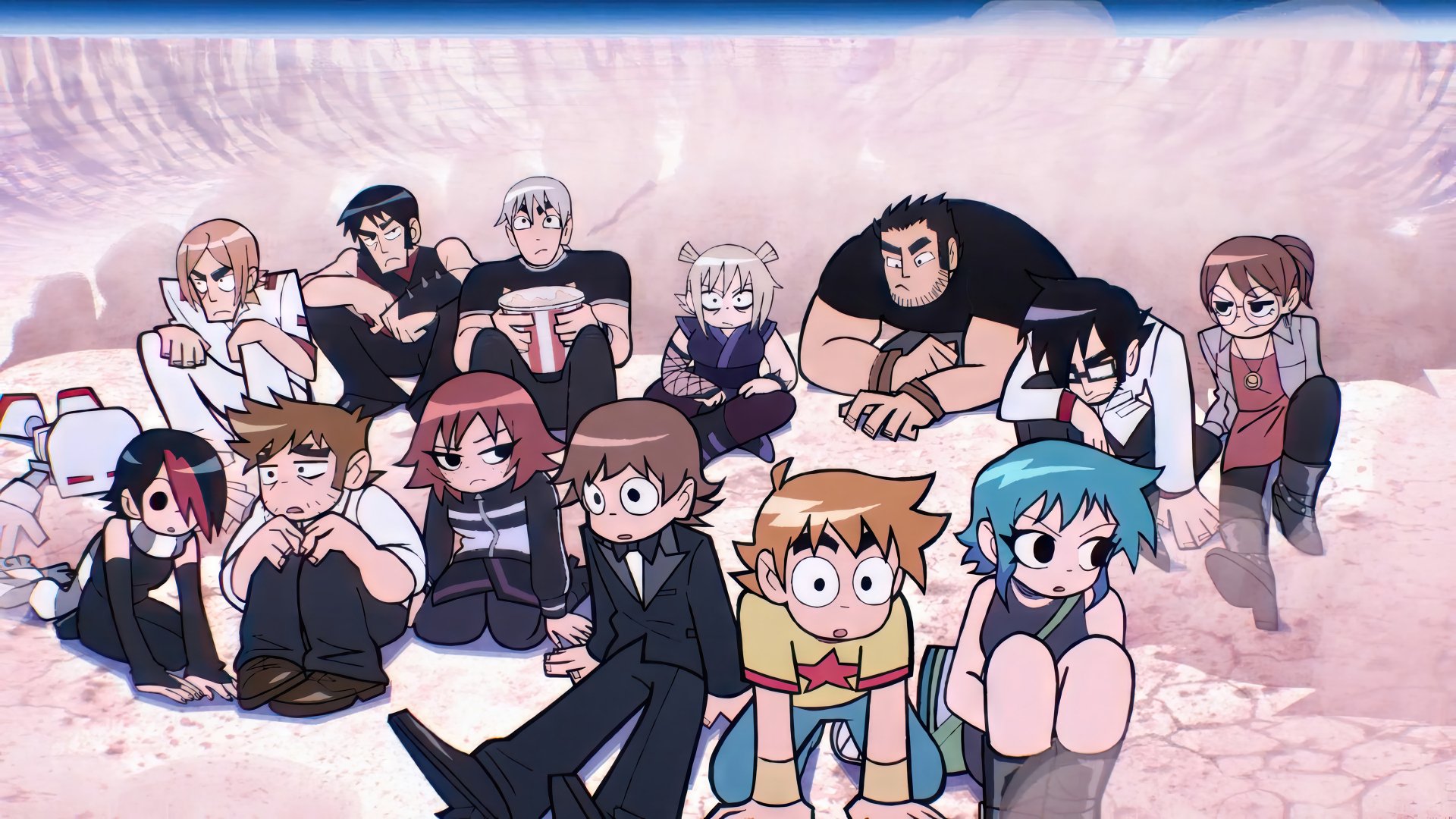 HD desktop wallpaper featuring characters from Scott Pilgrim, including Scott Pilgrim and Ramona Flowers, in a dynamic group pose against a dreamy backdrop.