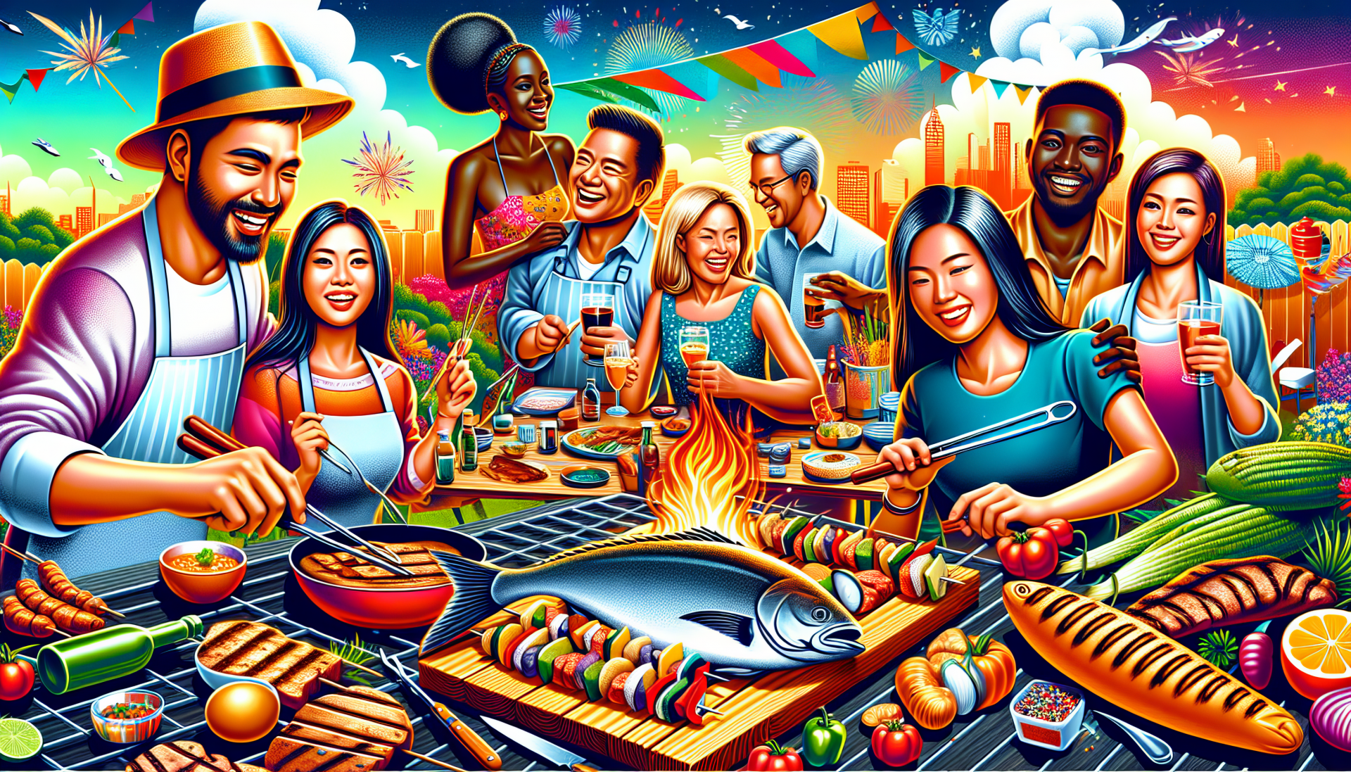 Vibrant HD wallpaper of a joyful barbecue party scene with diverse group of friends cooking and enjoying food together.