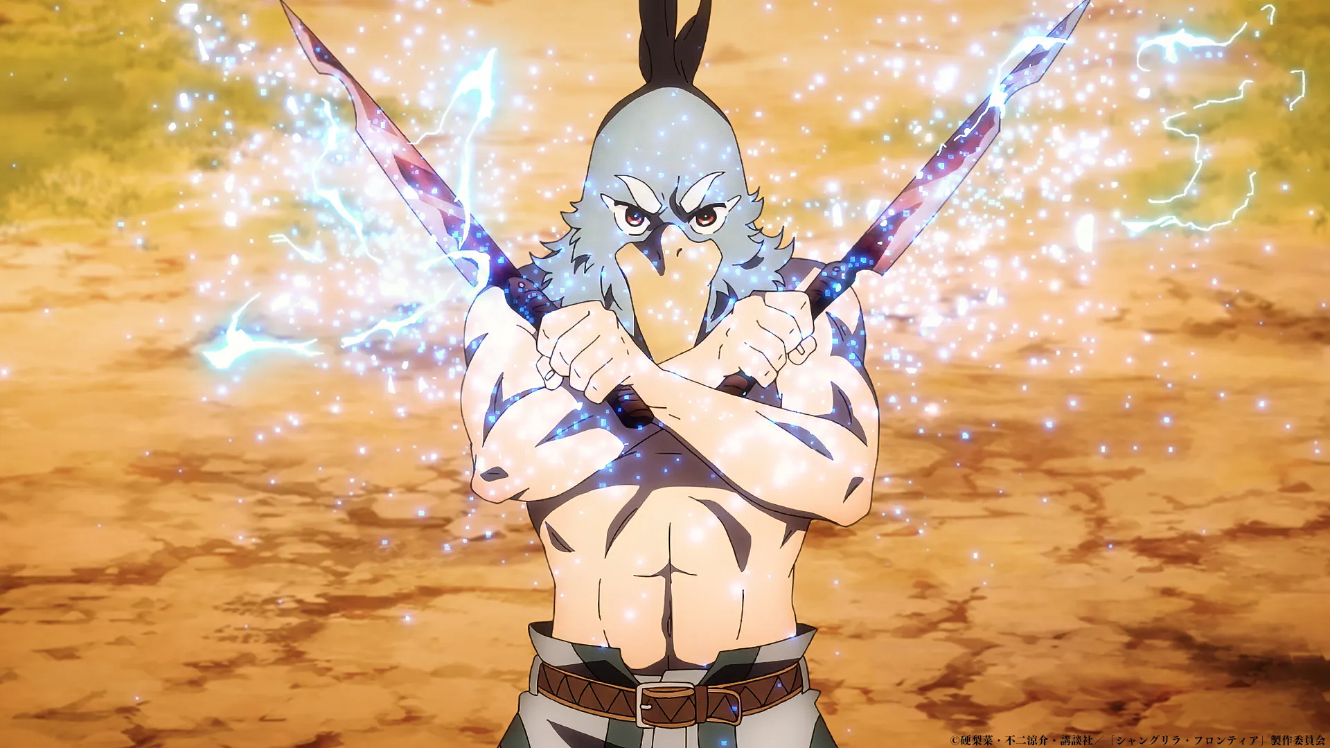 Shangri-la Frontier anime character HD wallpaper featuring an intense warrior with bird-like features wielding lightning-imbued weapons against a dynamic, spark-filled background.