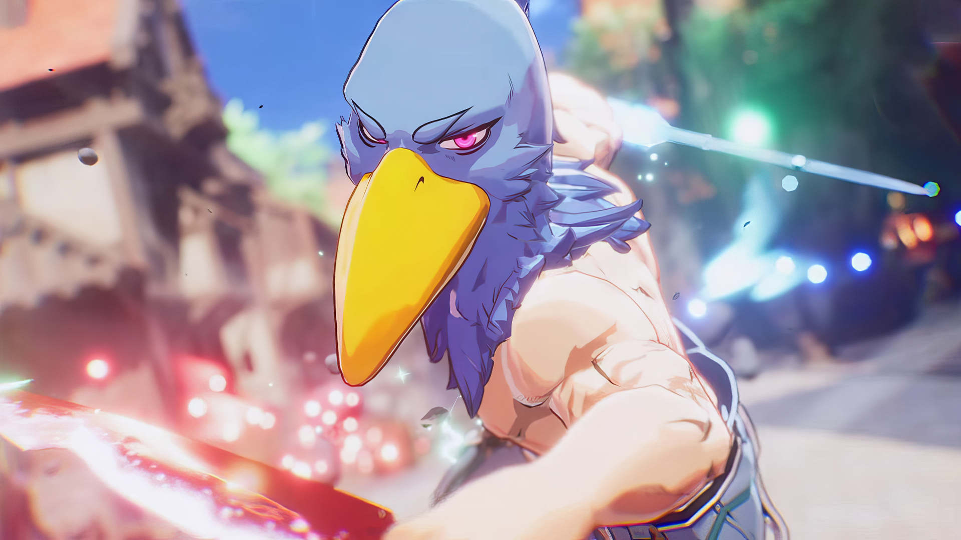 HD desktop wallpaper featuring a character from Shangri-la Frontier with an eagle head and human-like body in an action pose with vibrant background.