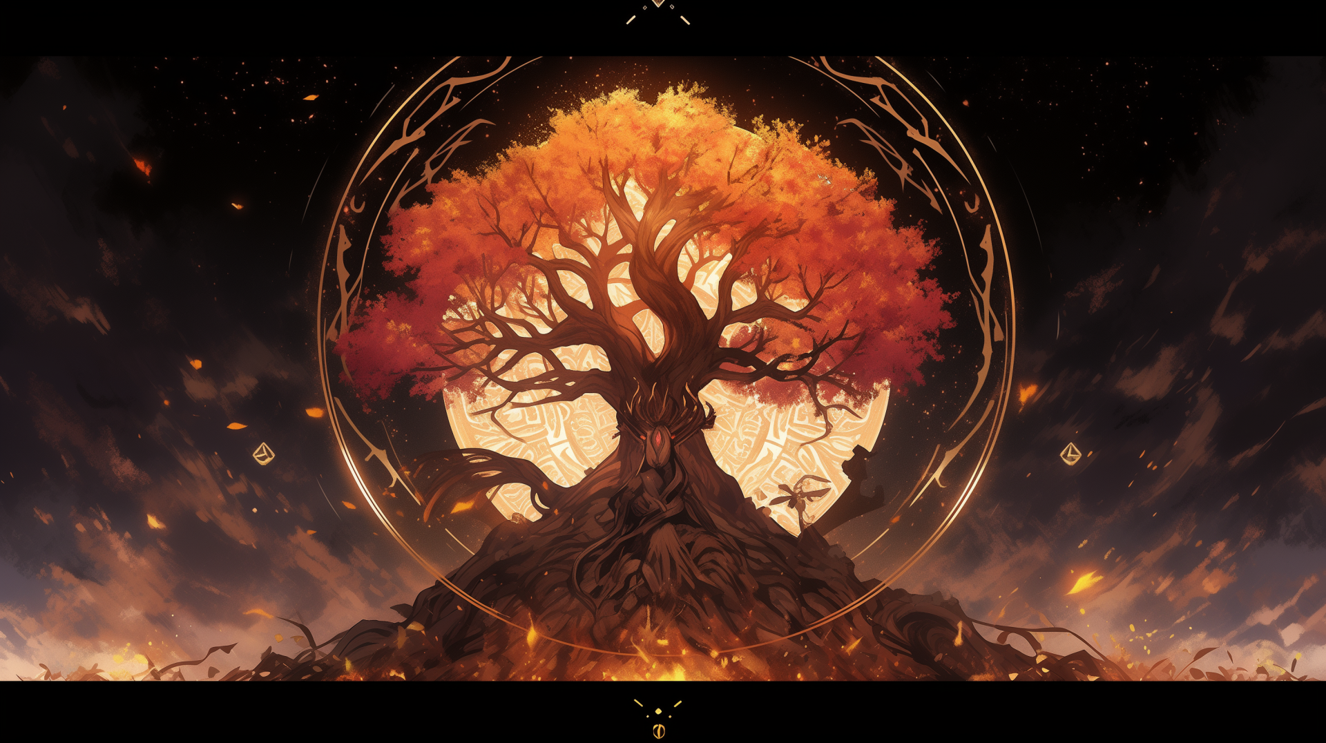 A stunning HD desktop wallpaper featuring Yggdrasil, the World Tree, with vibrant orange leaves against a glowing moon, surrounded by intricate geometric patterns.
