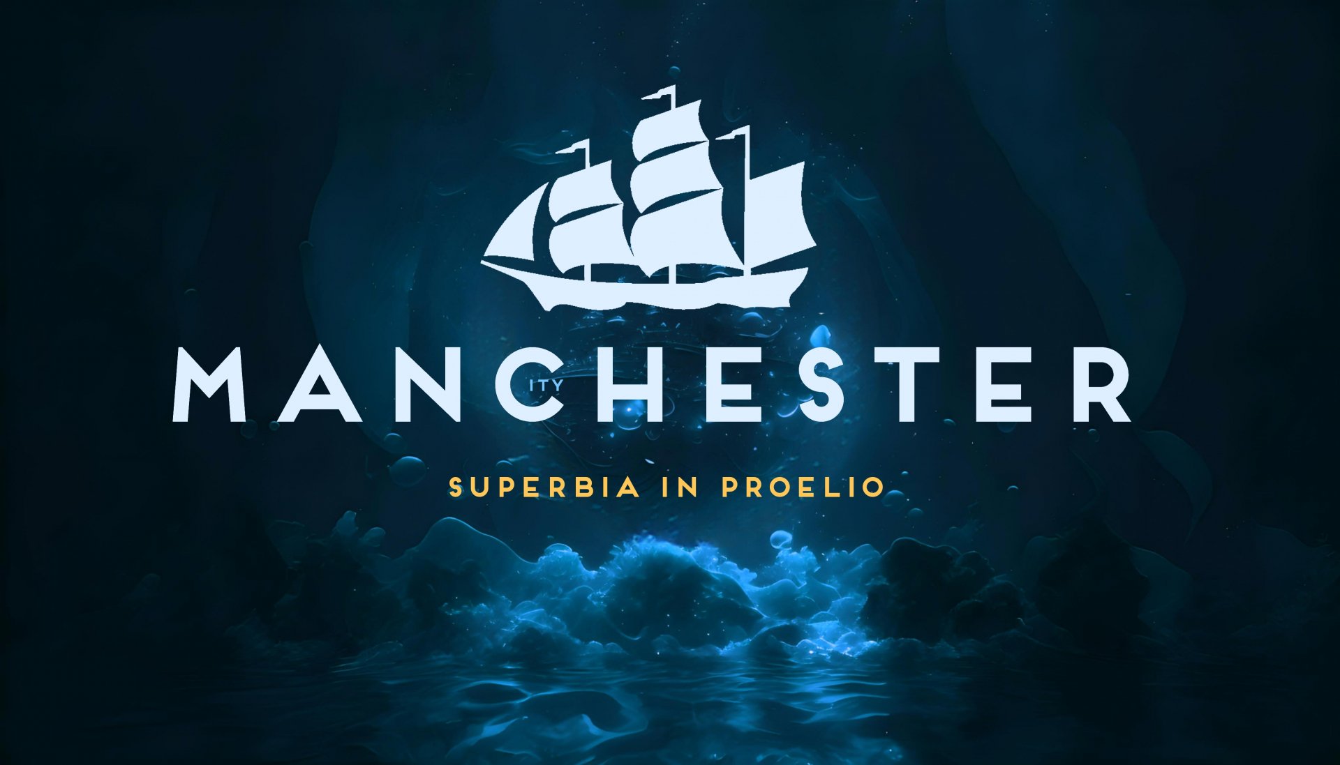 4K Ultra HD PC desktop wallpaper: Manchester City F.C. stylized white ship emblem above MANCHESTER with motto SUPERBIA IN PROELIO over a dark blue, stormy sea sports background.