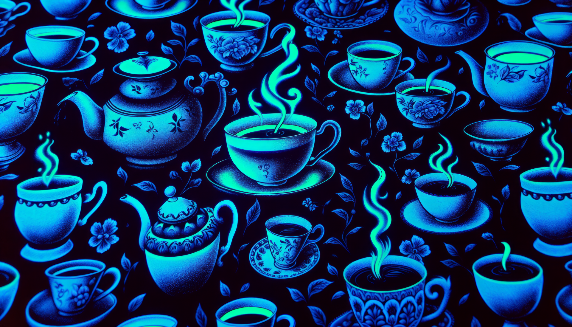 A visually striking HD wallpaper featuring an array of intricately designed cups and teapots, all steaming with black tea, set against a vibrant blue floral background.