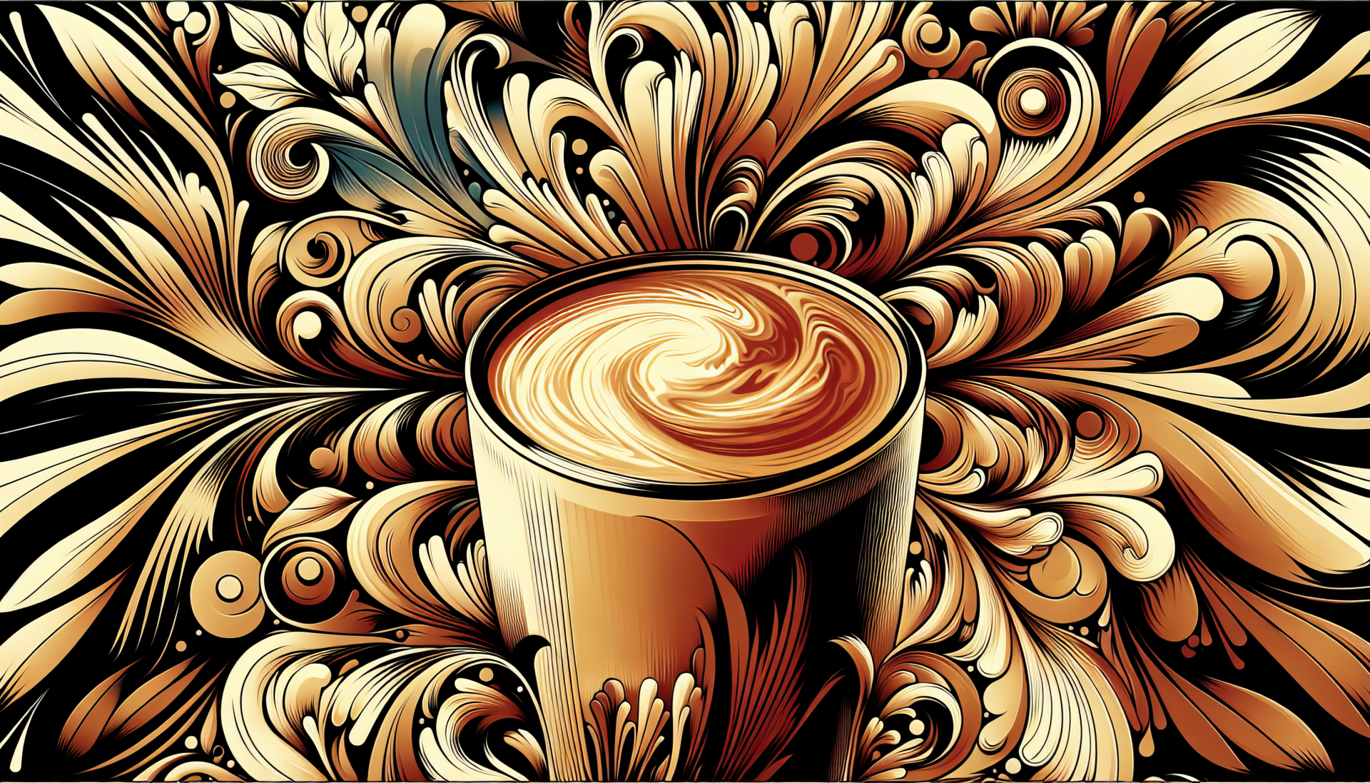 Artistic HD wallpaper featuring a stylized latte with intricate cream swirl patterns on a decorative abstract background.