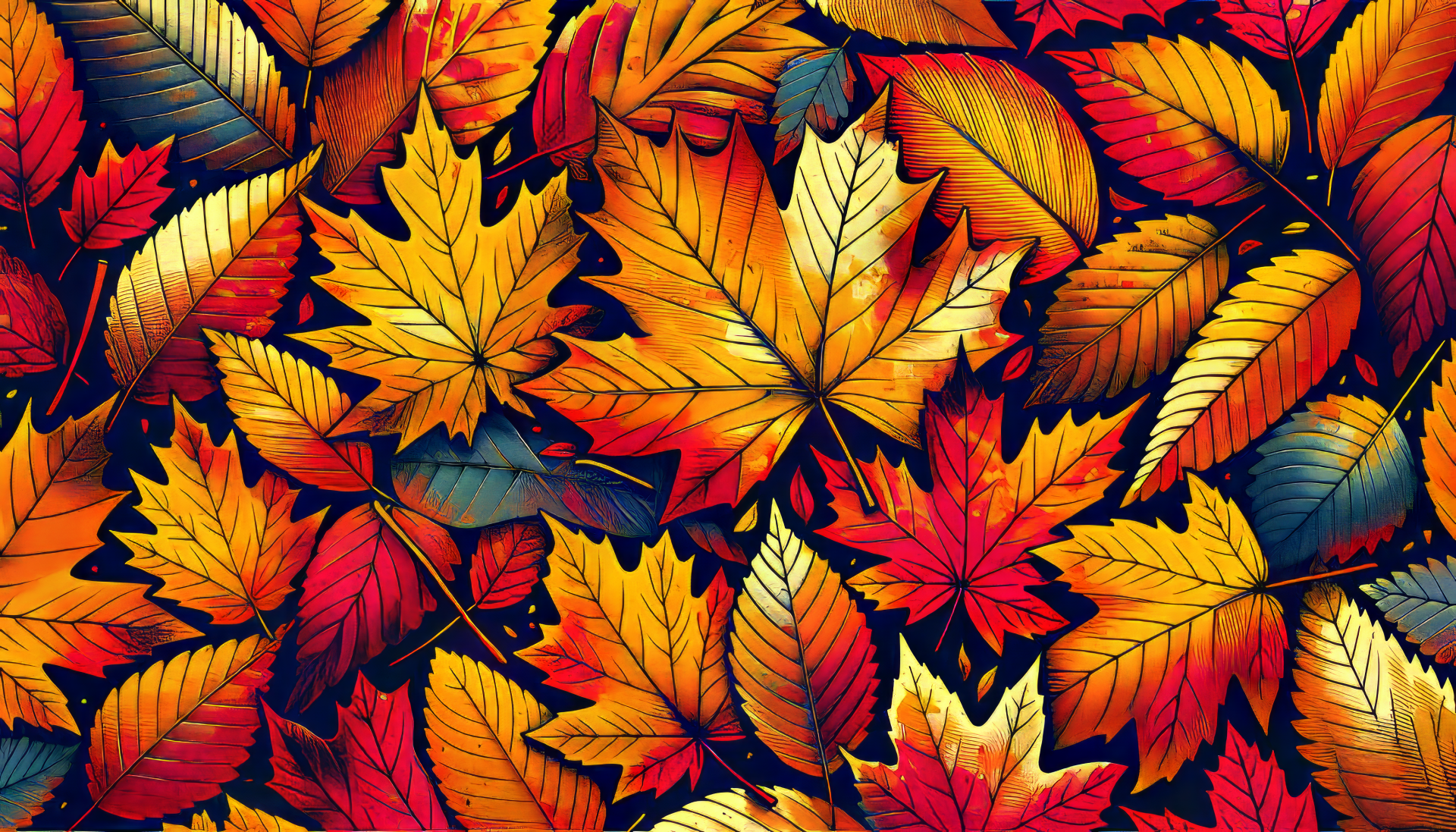 Vibrant fall leaves in rich reds, oranges, and yellows create a stunning HD desktop wallpaper, capturing the essence of autumn's beauty.