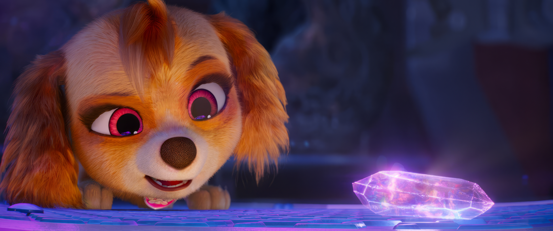 HD wallpaper of a PAW Patrol character from The Mighty Movie, with a crystal in the foreground.