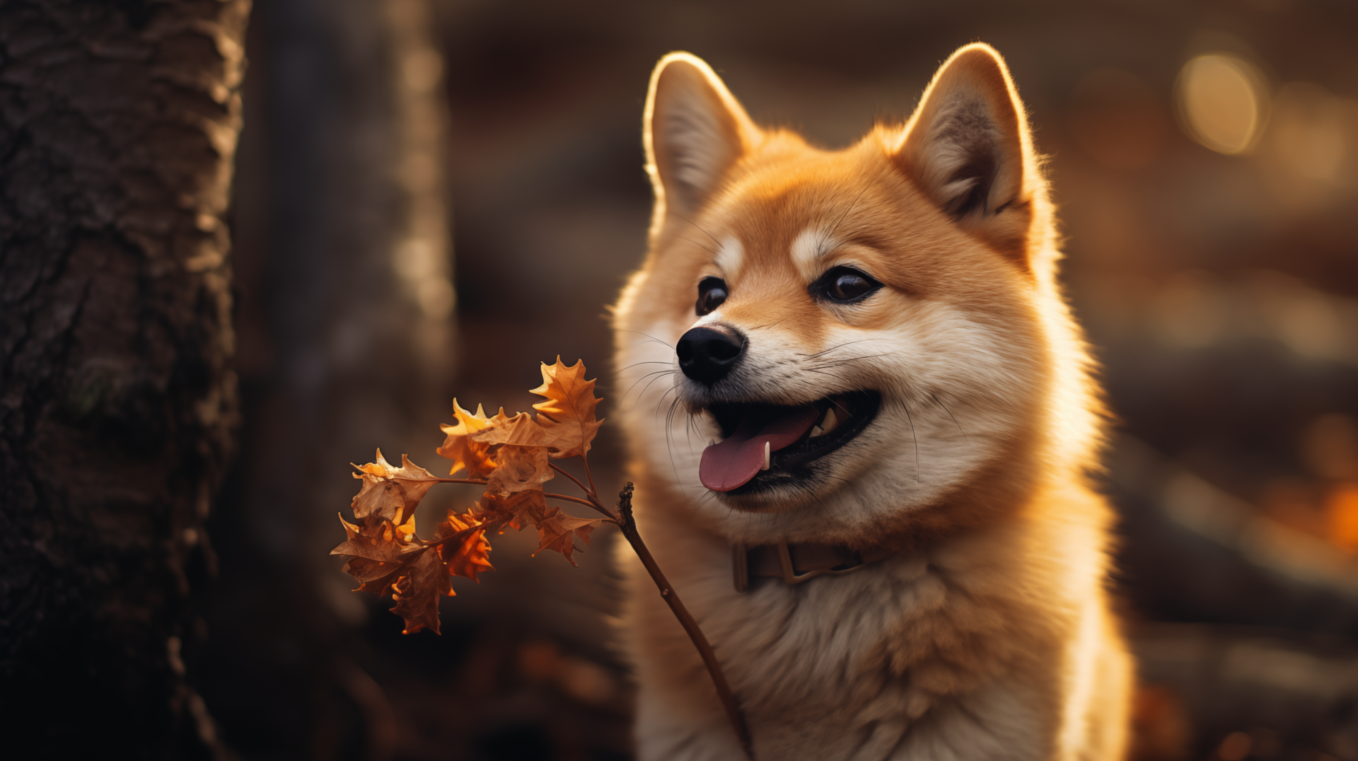 A Shiba Inu sits contentedly in a forest, holding a leaf in its mouth, with warm sunlight illuminating its fluffy fur. This HD background captures the dog's playful spirit.