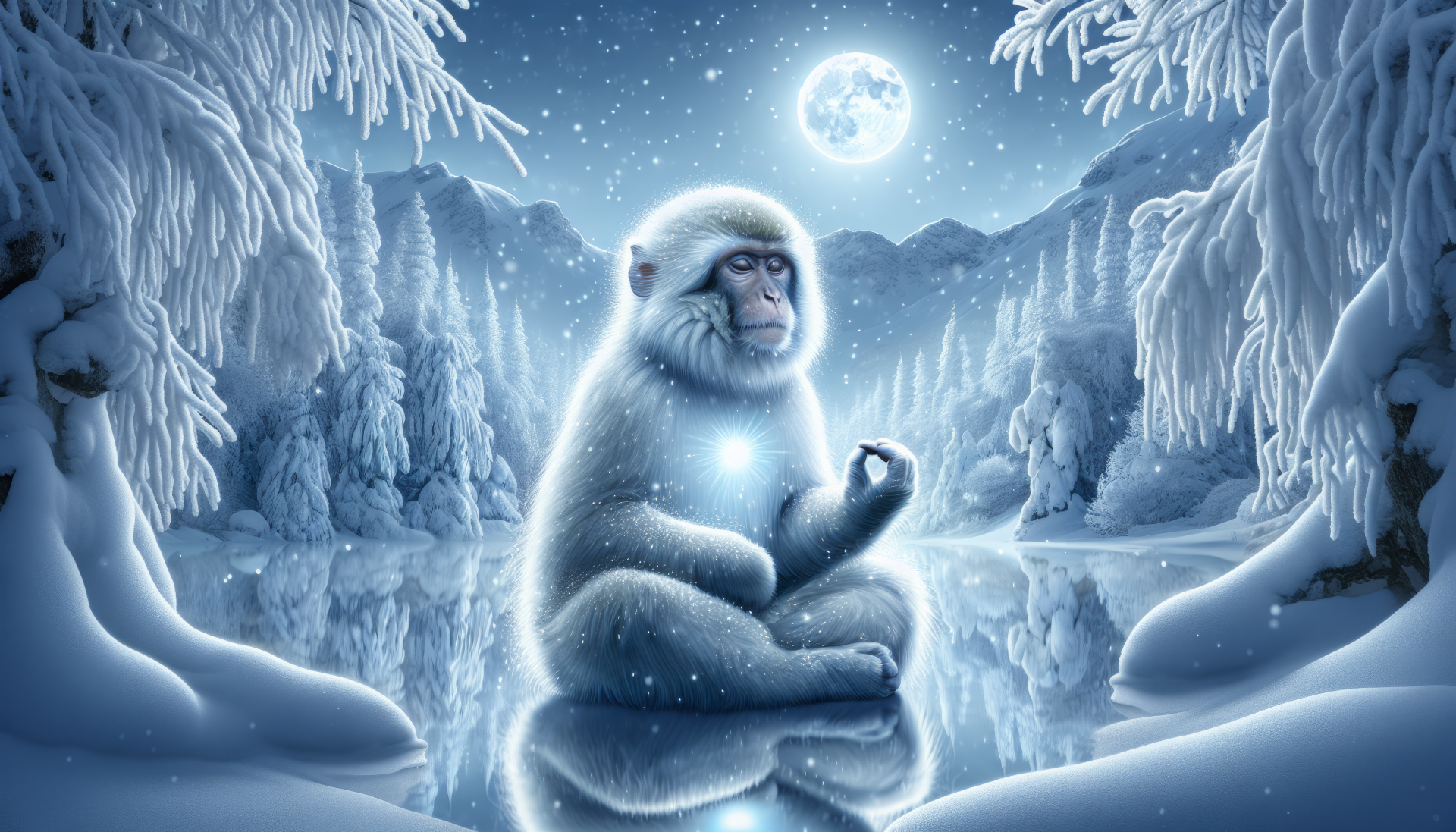 HD desktop wallpaper featuring a serene snow monkey in a blue-toned, snowy landscape with sparkling trees under a full moon.