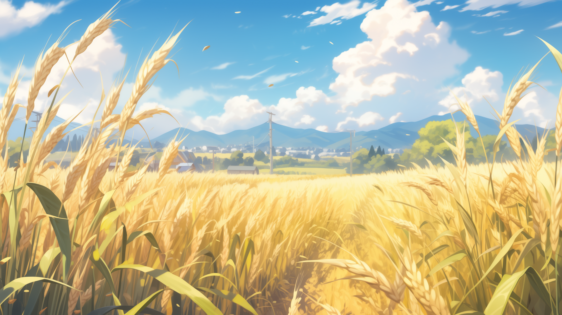 HD desktop wallpaper of ripe wheat field ready for harvest with blue sky and clouds in the background.