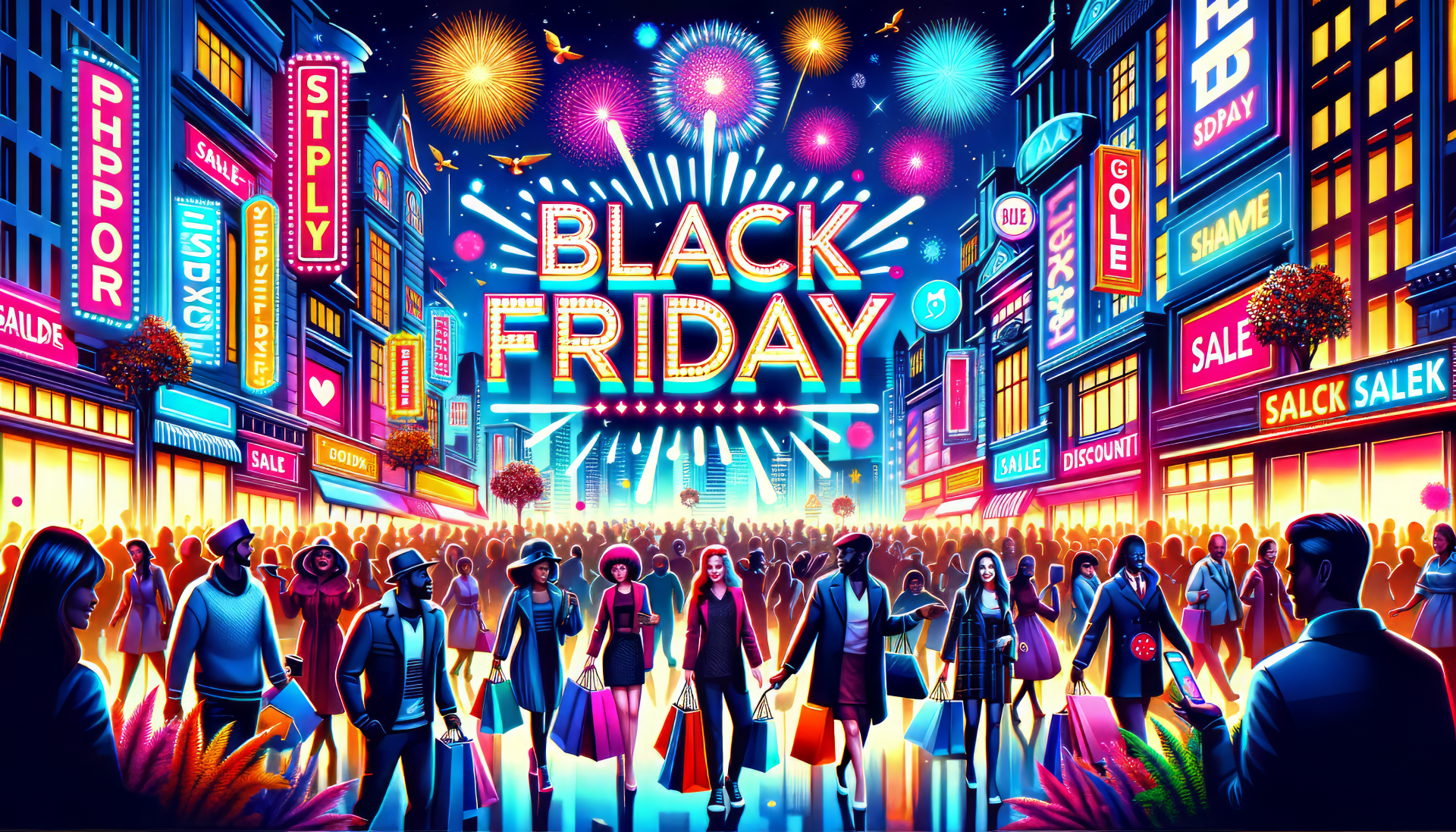 Vibrant HD wallpaper of a bustling Black Friday shopping street with colorful fireworks, bright store signage, and enthusiastic shoppers.