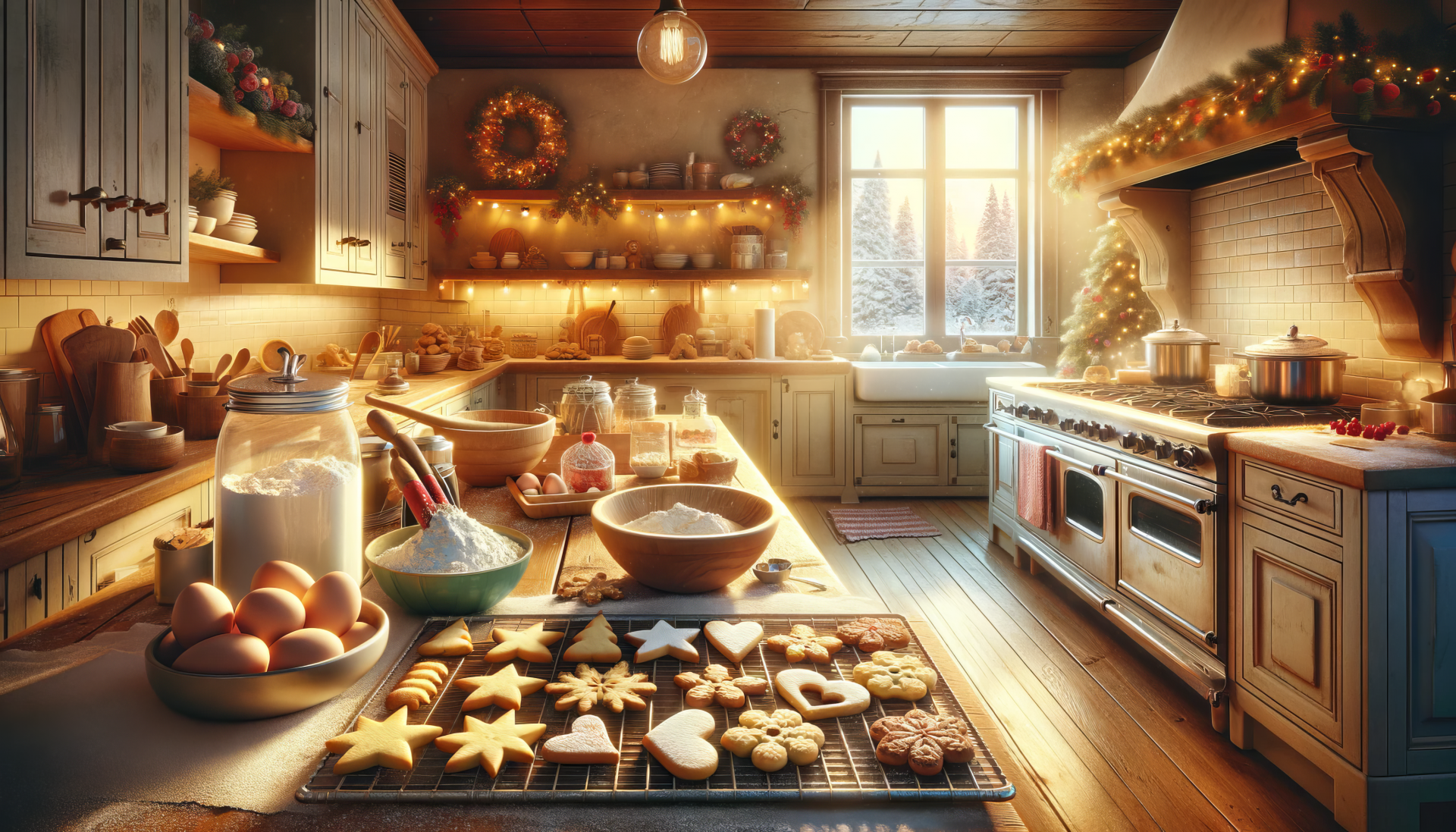 HD desktop wallpaper of a cozy kitchen scene during cookie baking with festive decorations and a snowy window view.