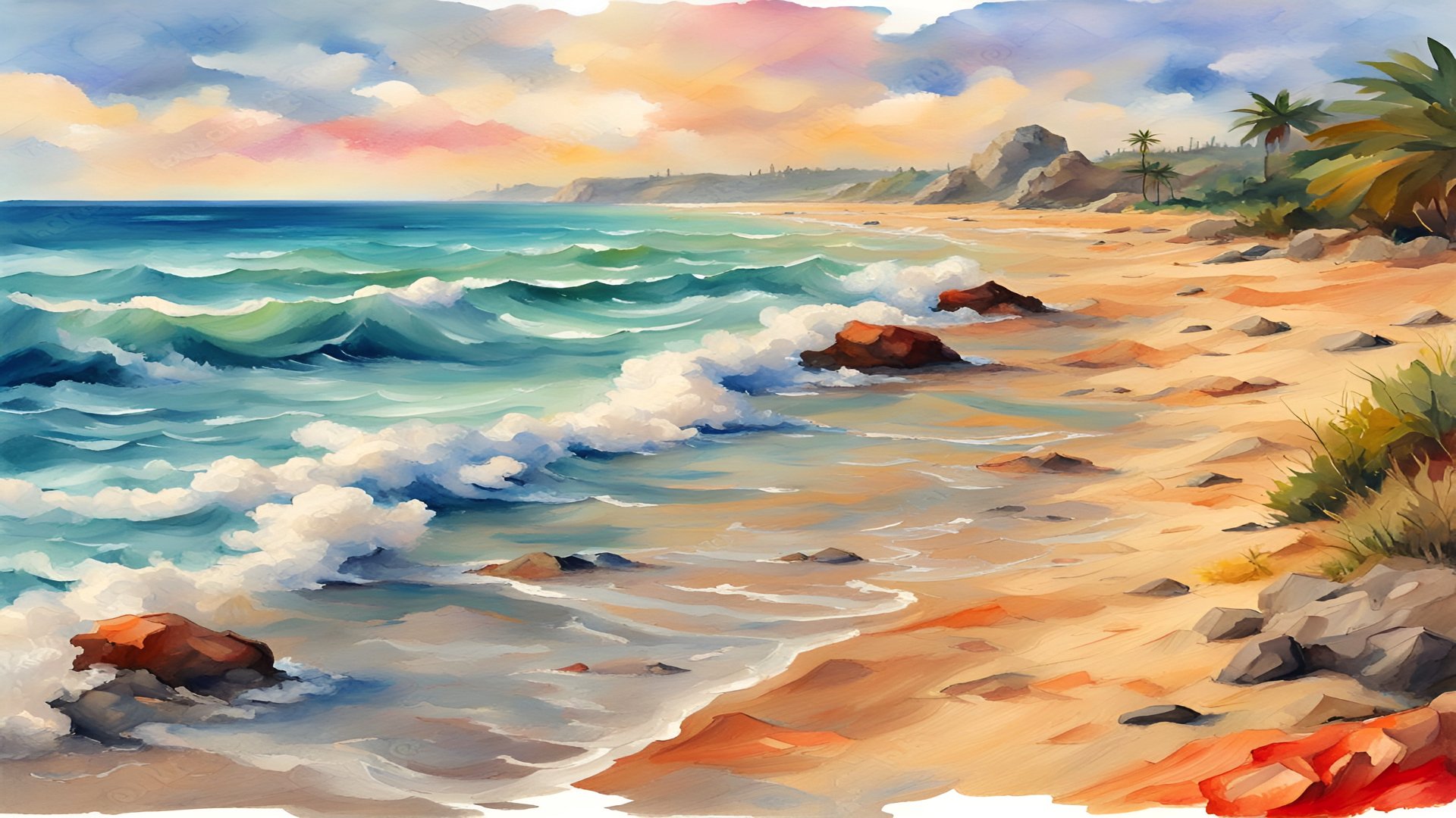 Artistic HD desktop wallpaper depicting a serene beach landscape with gentle waves, sandy shore, scattered rocks, and a colorful sky at sea.