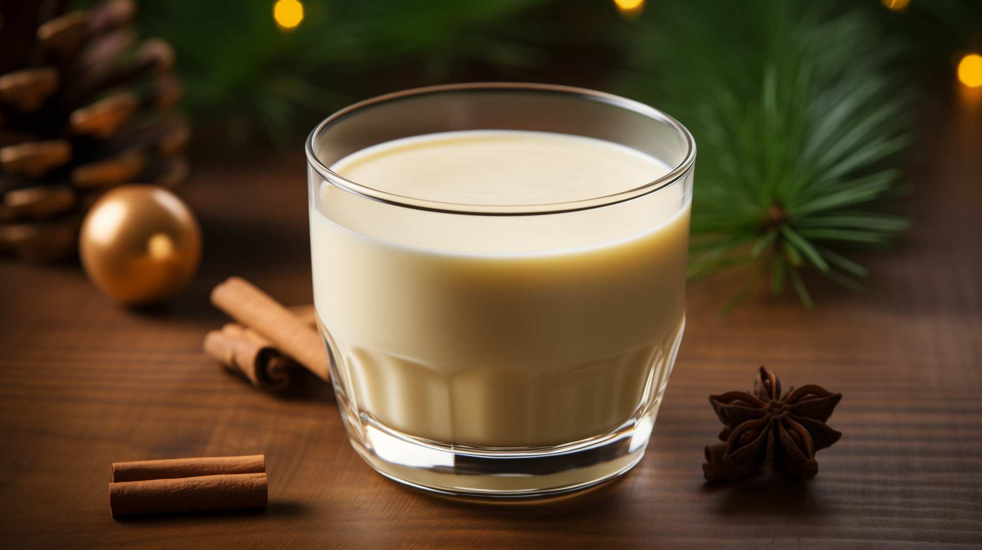 HD desktop wallpaper featuring a glass of eggnog with cinnamon sticks and a star anise, set against a festive background with pine branches and holiday ornaments.