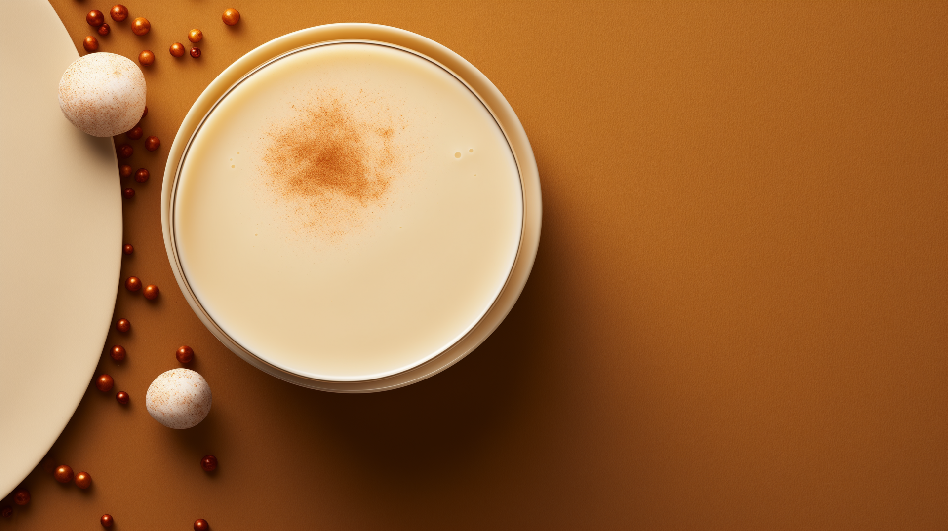 Creamy eggnog served in a bowl, surrounded by decorative round toppings on a rich, warm background. A cozy food and drink scene for a festive atmosphere.