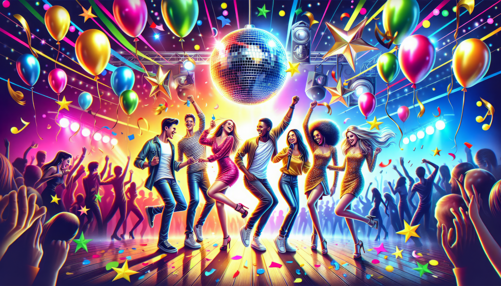 Vibrant HD party-themed desktop wallpaper featuring a group of people dancing with festive balloons and a disco ball.