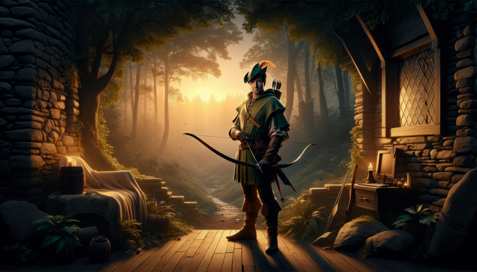HD desktop wallpaper of Robin Hood in a mystical forest background.