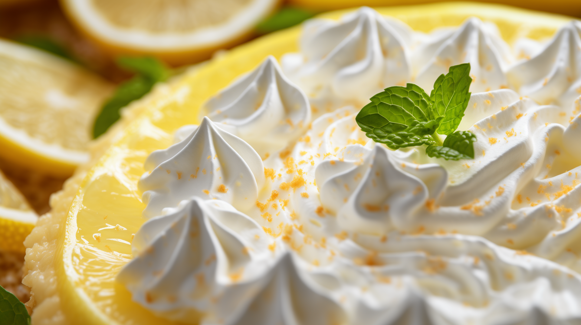 A close-up of a delicious lemon pie with whipped cream peaks and a mint leaf, surrounded by fresh lemon slices, creating a vibrant and appetizing HD desktop wallpaper.