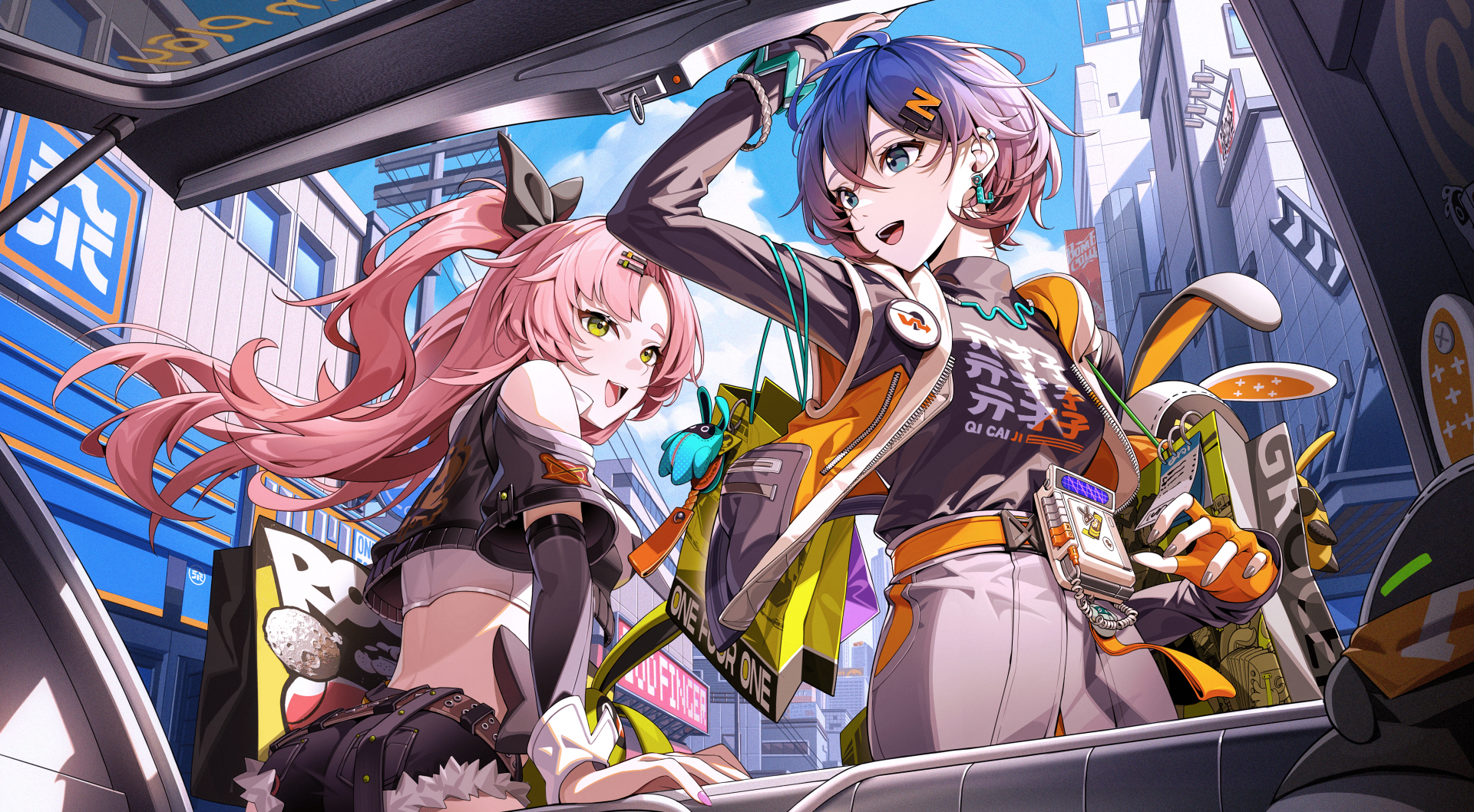 4K Ultra HD wallpaper featuring Nicole Demara and Belle from the video game Zenless Zone Zero in a vibrant urban setting.