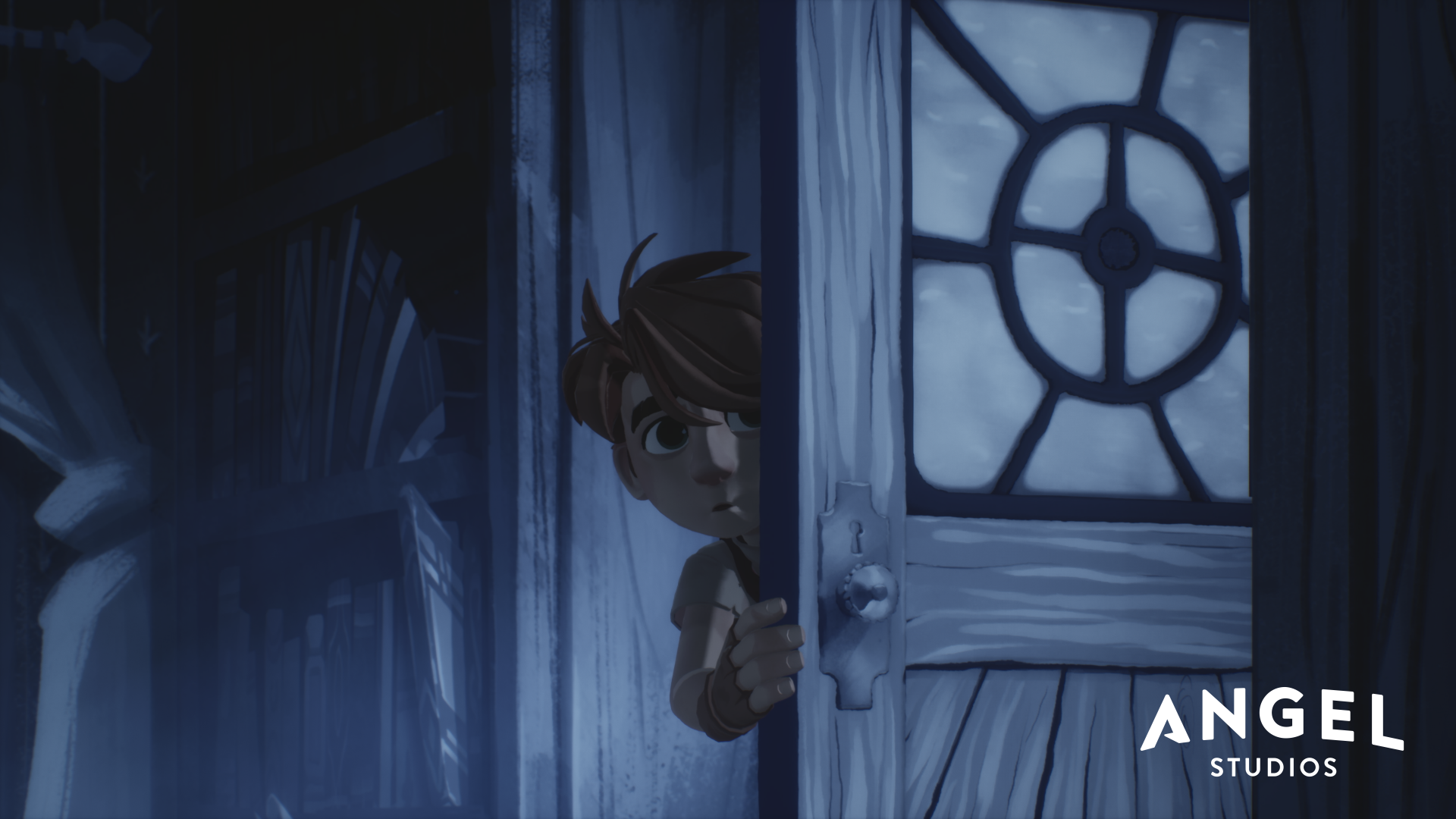 A scene from The Wingfeather Saga, featuring a young character peeking through an ornate door, set in a mysterious, atmospheric setting. HD desktop wallpaper from the series.