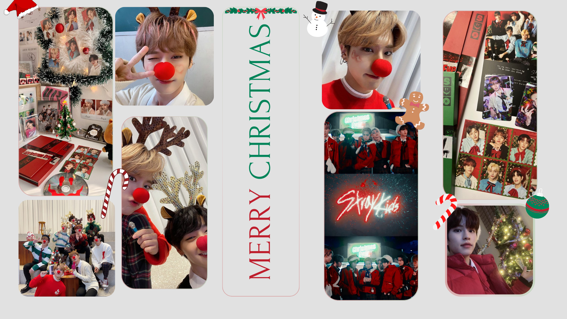 HD PC desktop wallpaper featuring Stray Kids KPOP members in festive Christmas-themed photos with holiday decorations and red noses.