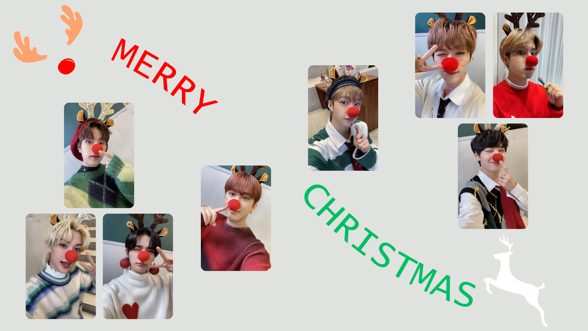 HD PC desktop wallpaper featuring members of Stray Kids with reindeer antlers and red noses, arranged around the festive text Merry Christmas.