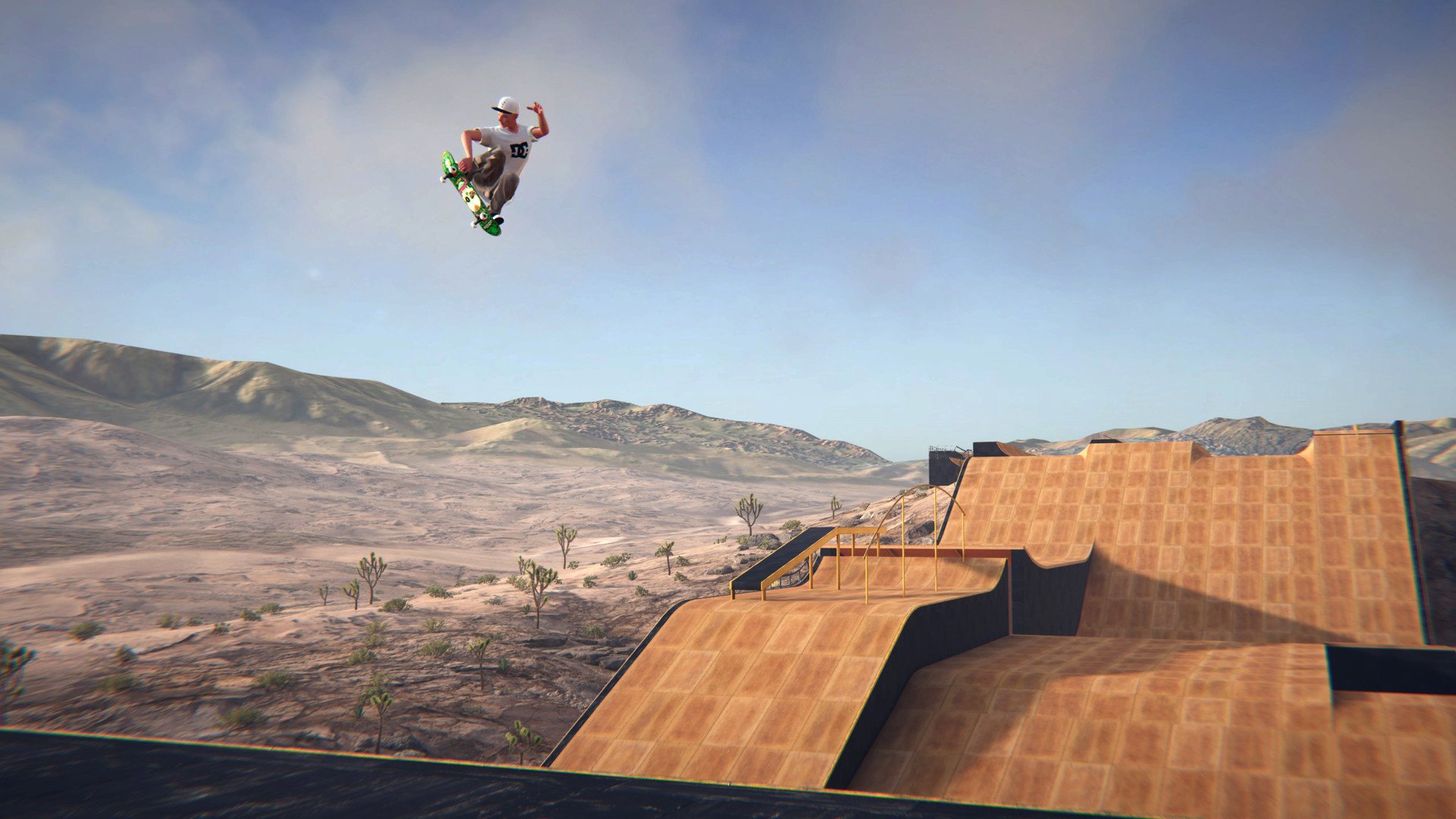 High-definition Skater XL wallpaper featuring a digital skateboarder performing a mid-air trick above a wooden ramp, with a scenic desert landscape in the background.