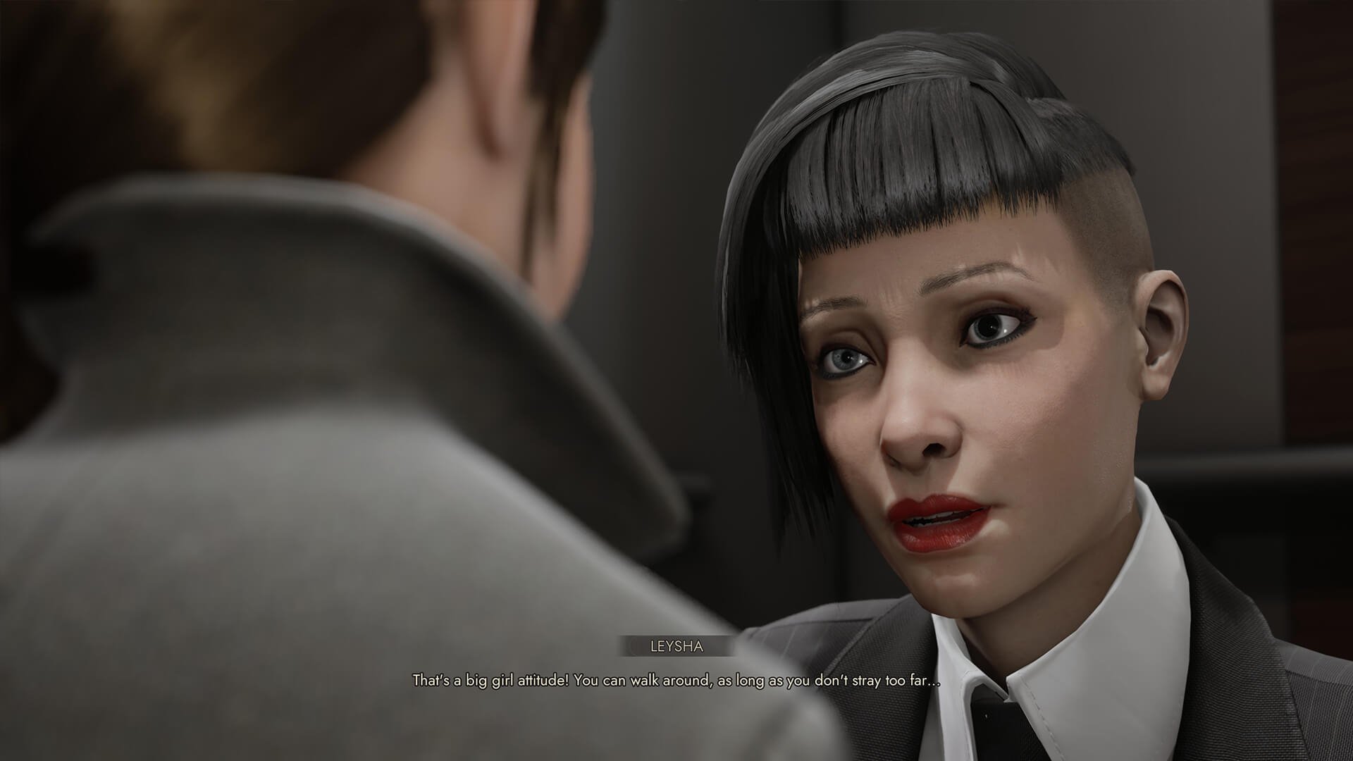 HD wallpaper of a Vampire: The Masquerade - Swansong game scene featuring a close-up of a female character engaged in conversation.