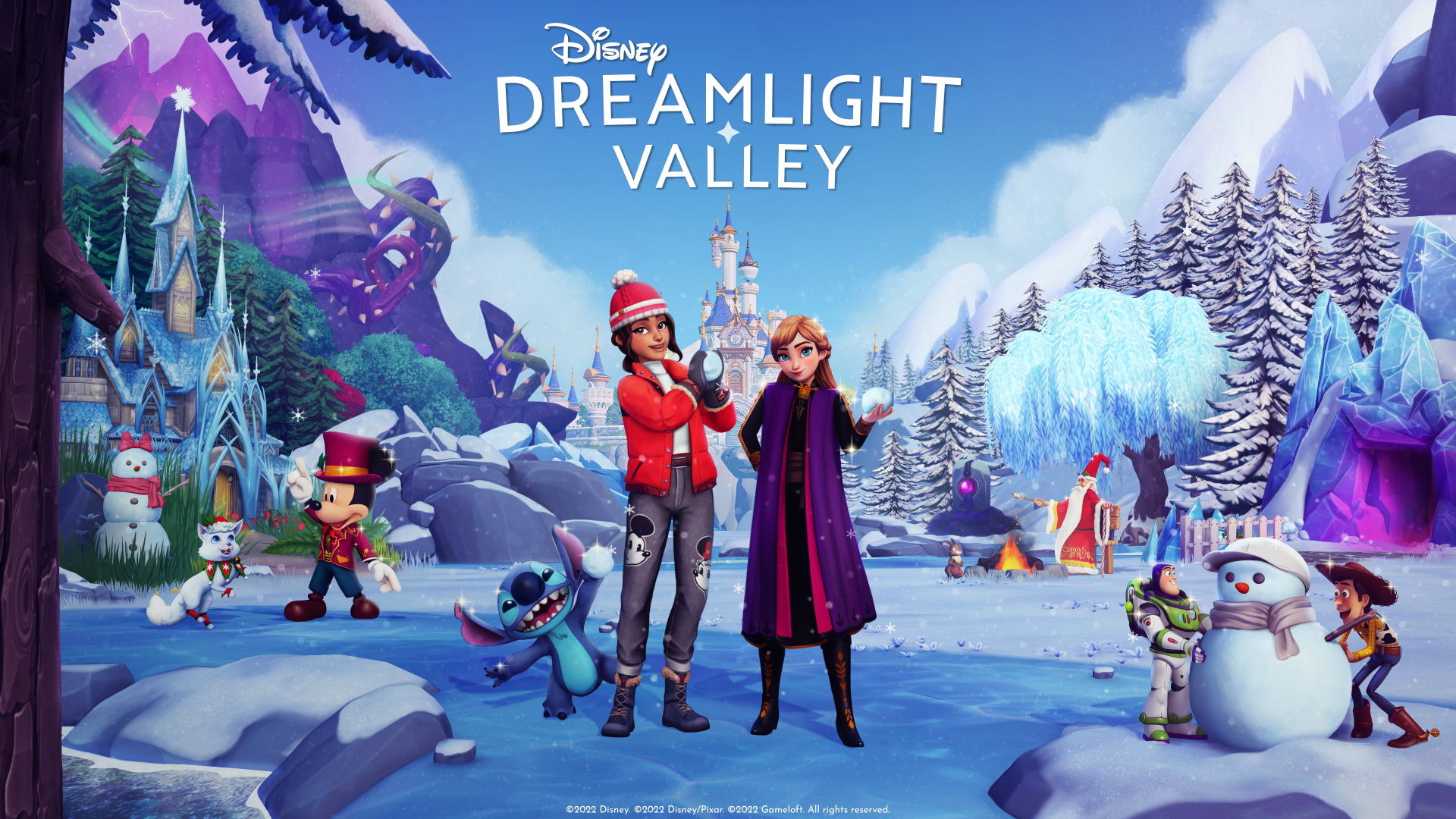 HD Disney Dreamlight Valley wallpaper featuring characters in a snowy landscape for desktop background.