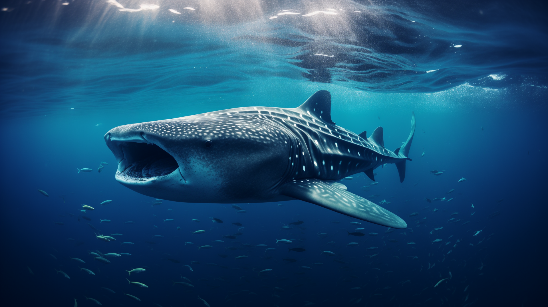 A stunning HD wallpaper featuring a majestic whale shark gliding gracefully through clear blue waters, surrounded by shimmering sunlight and small fish.