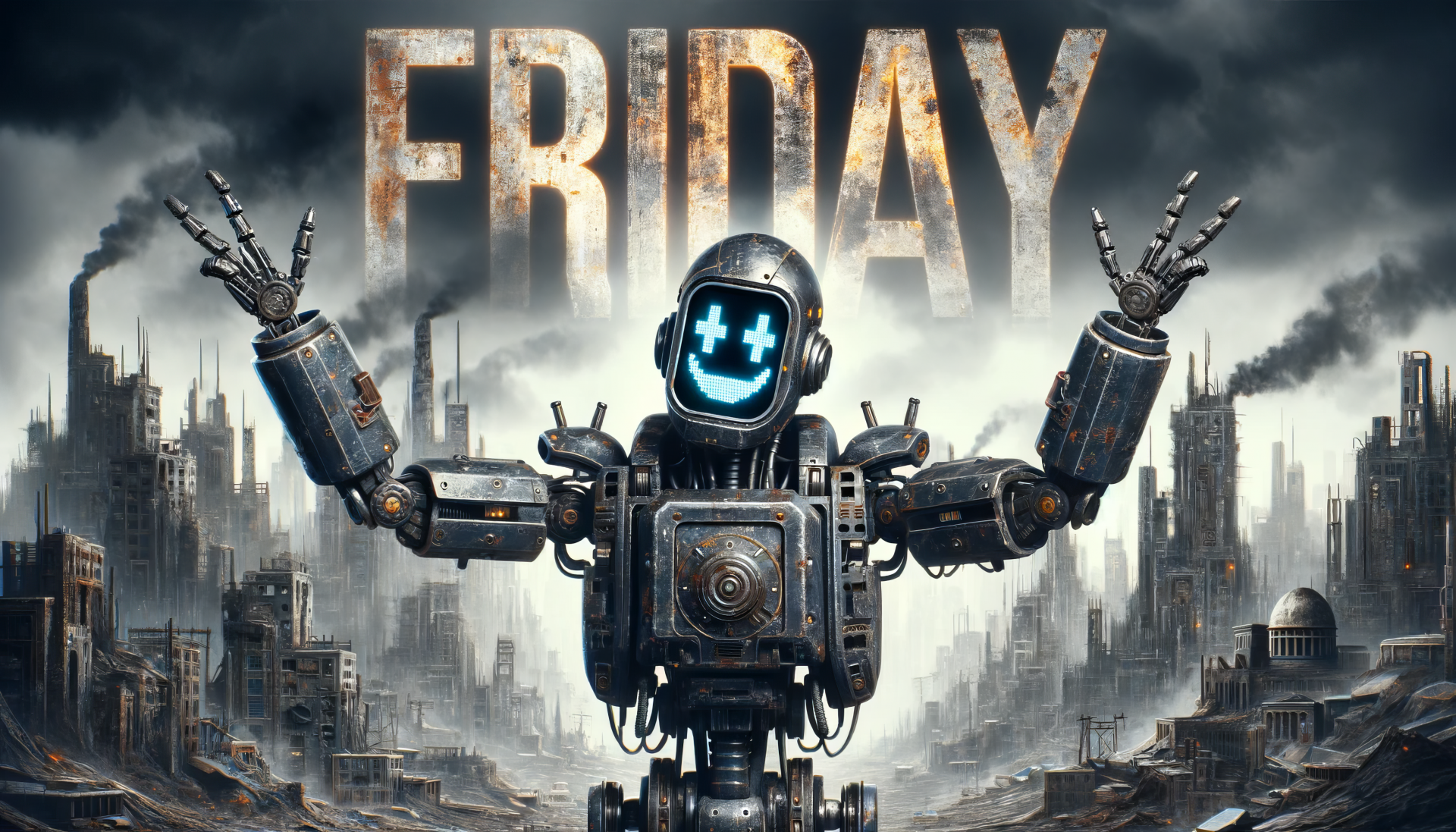 Futuristic robot with illuminated face and multiple arms set against a dystopian cityscape with the word 'FRIDAY' overhead – HD desktop wallpaper and background with a Friday theme.