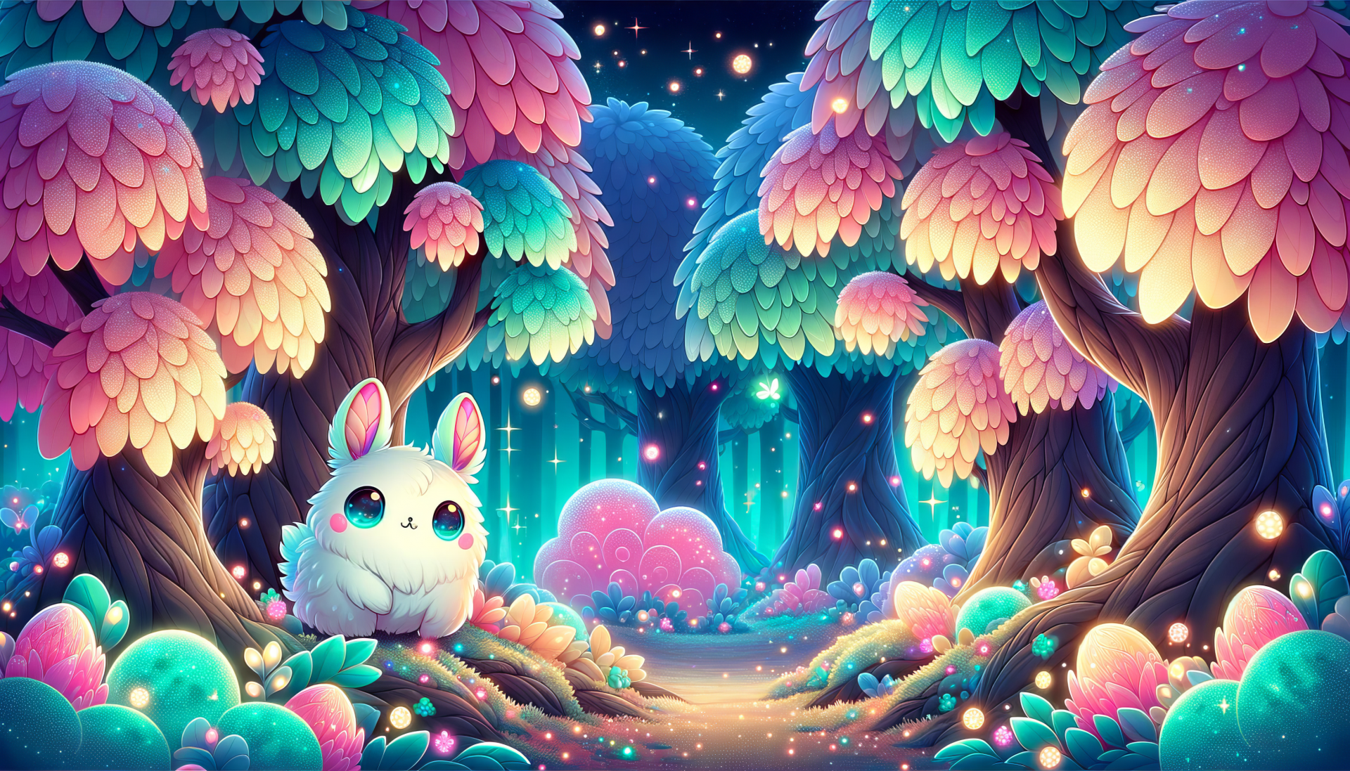 A cute aesthetic HD desktop wallpaper featuring a whimsical forest with vibrant, colorful trees and a charming bunny surrounded by sparkling elements.