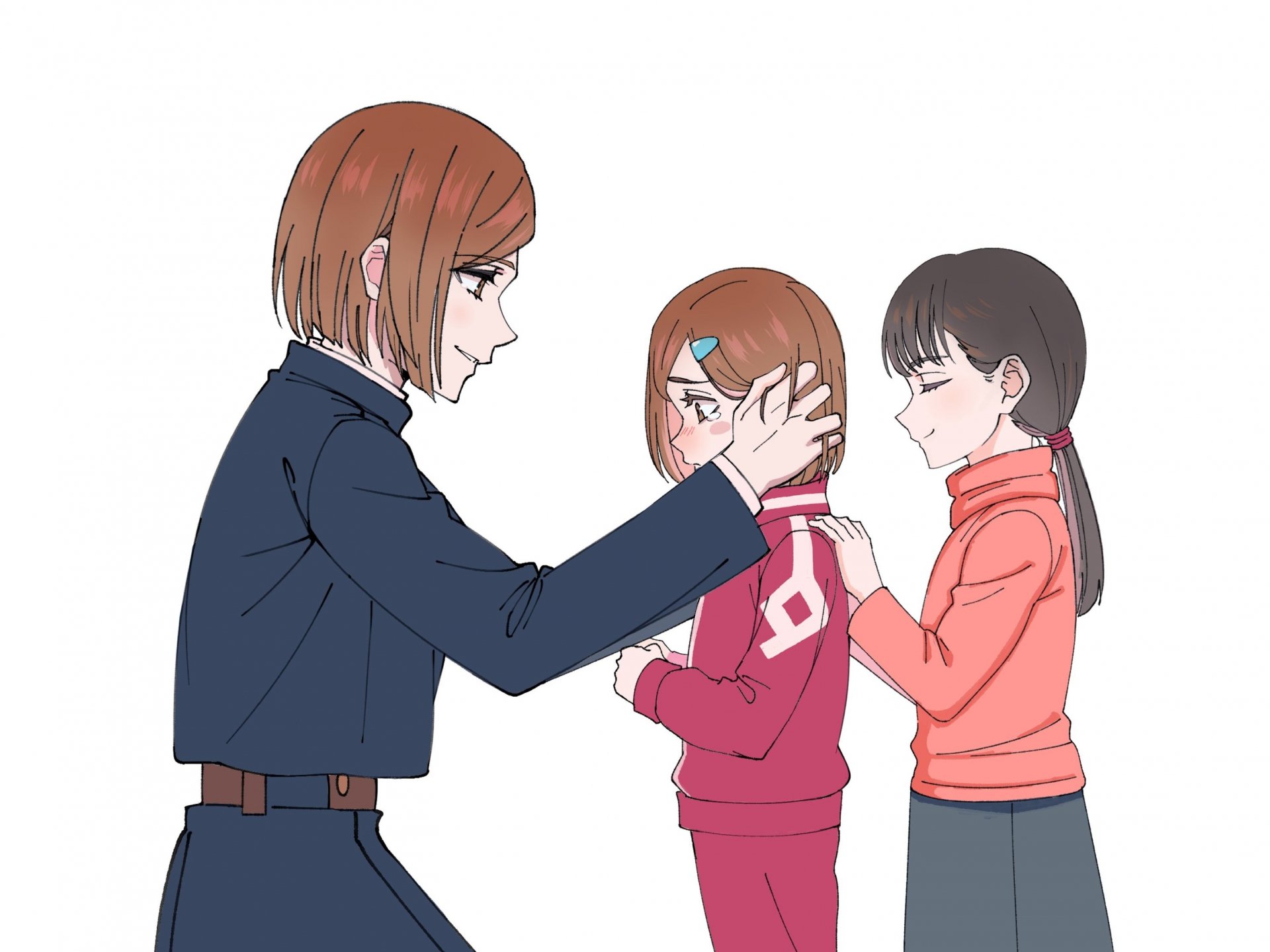 HD anime wallpaper featuring Nobara Kugisaki and Fumi from Jujutsu Kaisen, showcasing a gentle moment between the characters in a clean, minimalistic style.