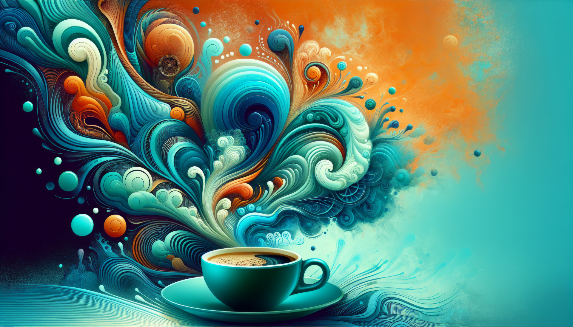 Colorful abstract art of swirling patterns with a cup of espresso as HD desktop wallpaper background.