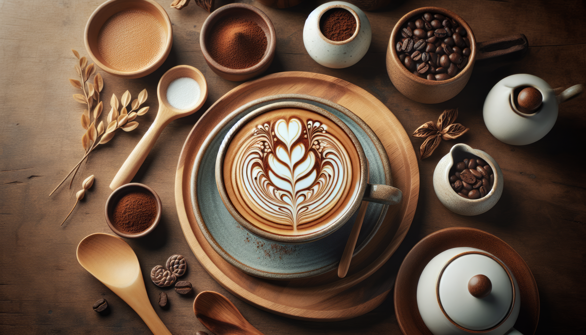 HD desktop wallpaper featuring an artistically crafted latte with a heart design, surrounded by coffee beans, spices, and rustic utensils on a wooden table.