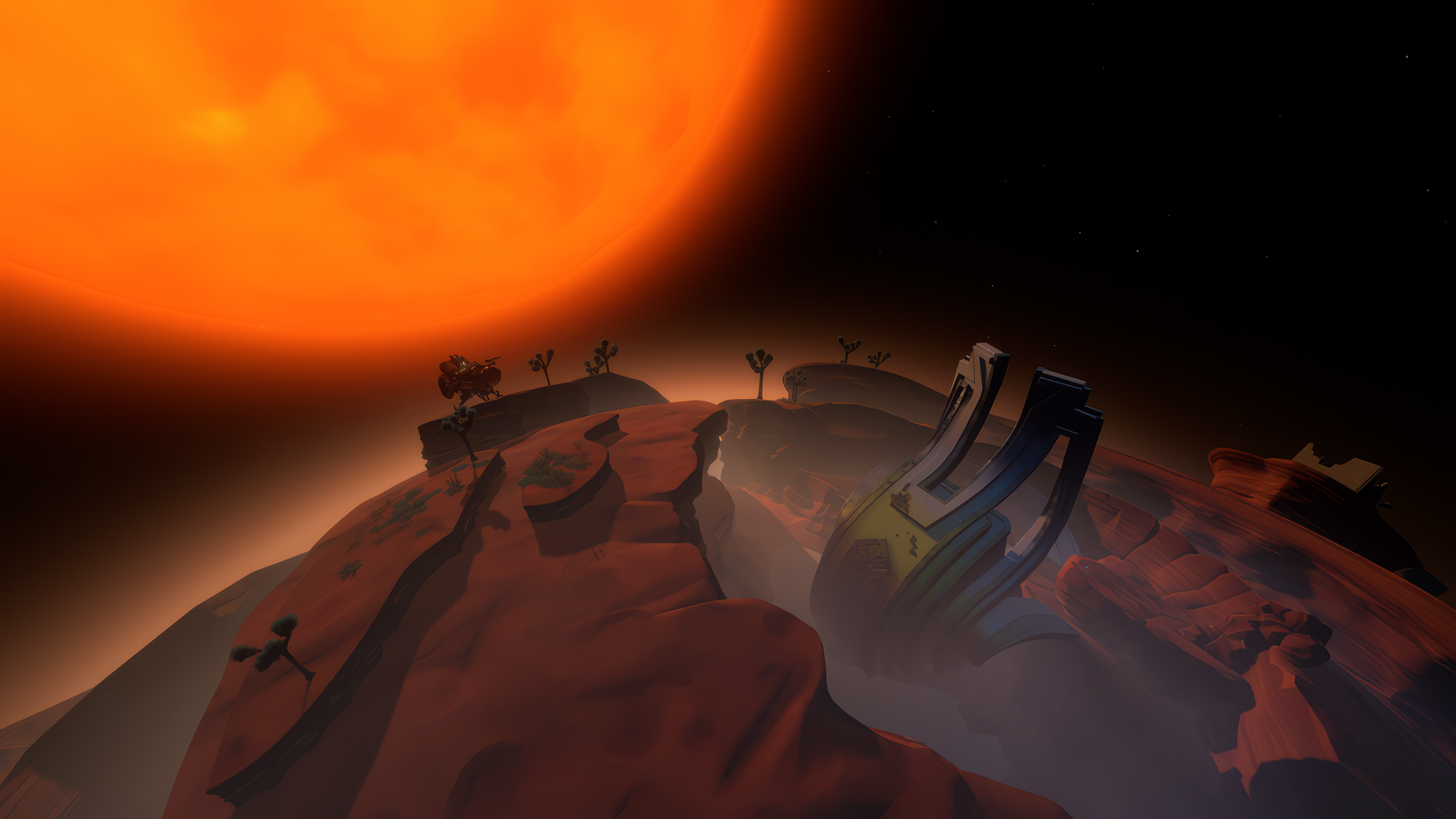Outer Wilds video game scenery with alien landscape and giant sun for HD desktop wallpaper and background.