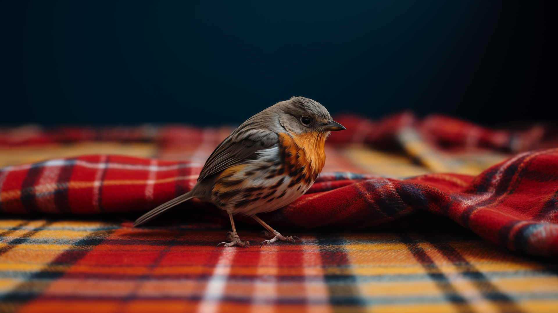 Bird on plaid fabric HD wallpaper - colorful bird against a red plaid background for desktop.