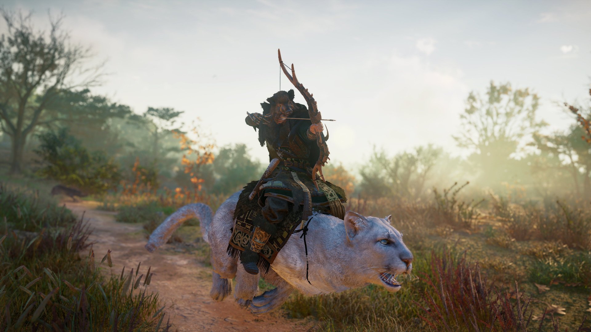 Video game — Assassin's Creed Valhalla, 4K Ultra HD PC Desktop Wallpaper and Background: Viking warrior in fur armor rides a massive white wolf across a misty, sunlit meadow.